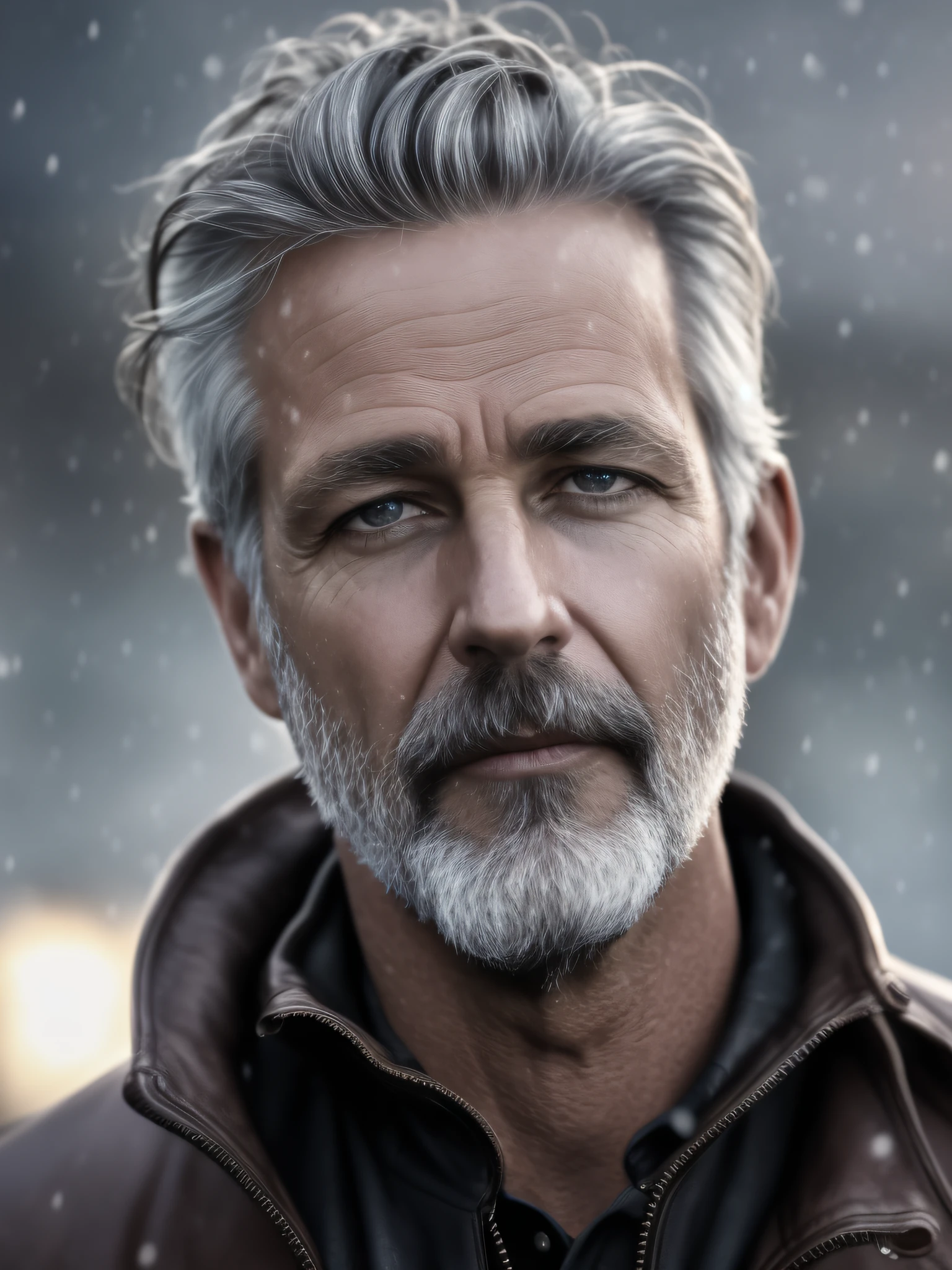 Realistic photography, closeup of male 55yo dirty, gray hair, focus on eyes, 50 mm f/1.4, hdr masterpiece,dramatic lighting, epic, hair in wind, wearing leather , light snowing, post apocalyptic city, year 2590