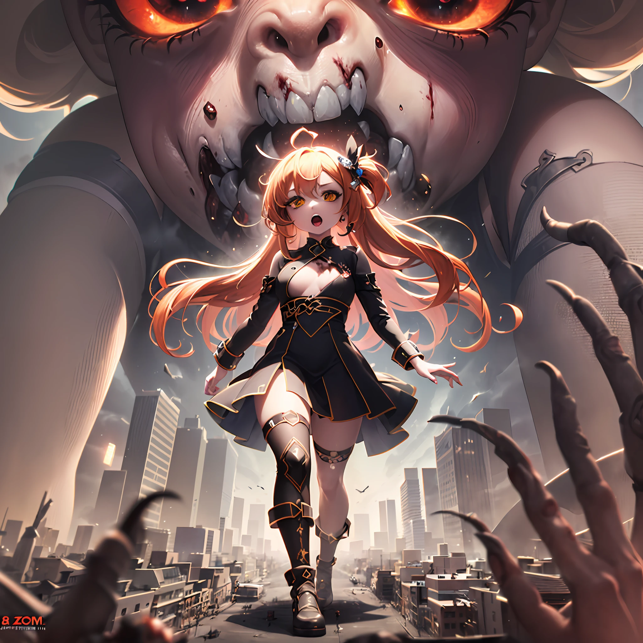 (award winning 8k :1.3) of (mad giant zombie chibi gts, open mouth, monstrous, breaking:1.3), angry, ferocious, good fingers, extremely detailed background, sweet, front, epic, (masterpiece:1.4), (best quality:1.4), Amazing, beautiful, finely detailed, (Depth of field:1.4), 8k, stunning, (light reflections:0.5), (crisp:1.5), red twin tails, vibrant, (edge detection:1.2), absurdres, impressive, 120mm, clear, powerful