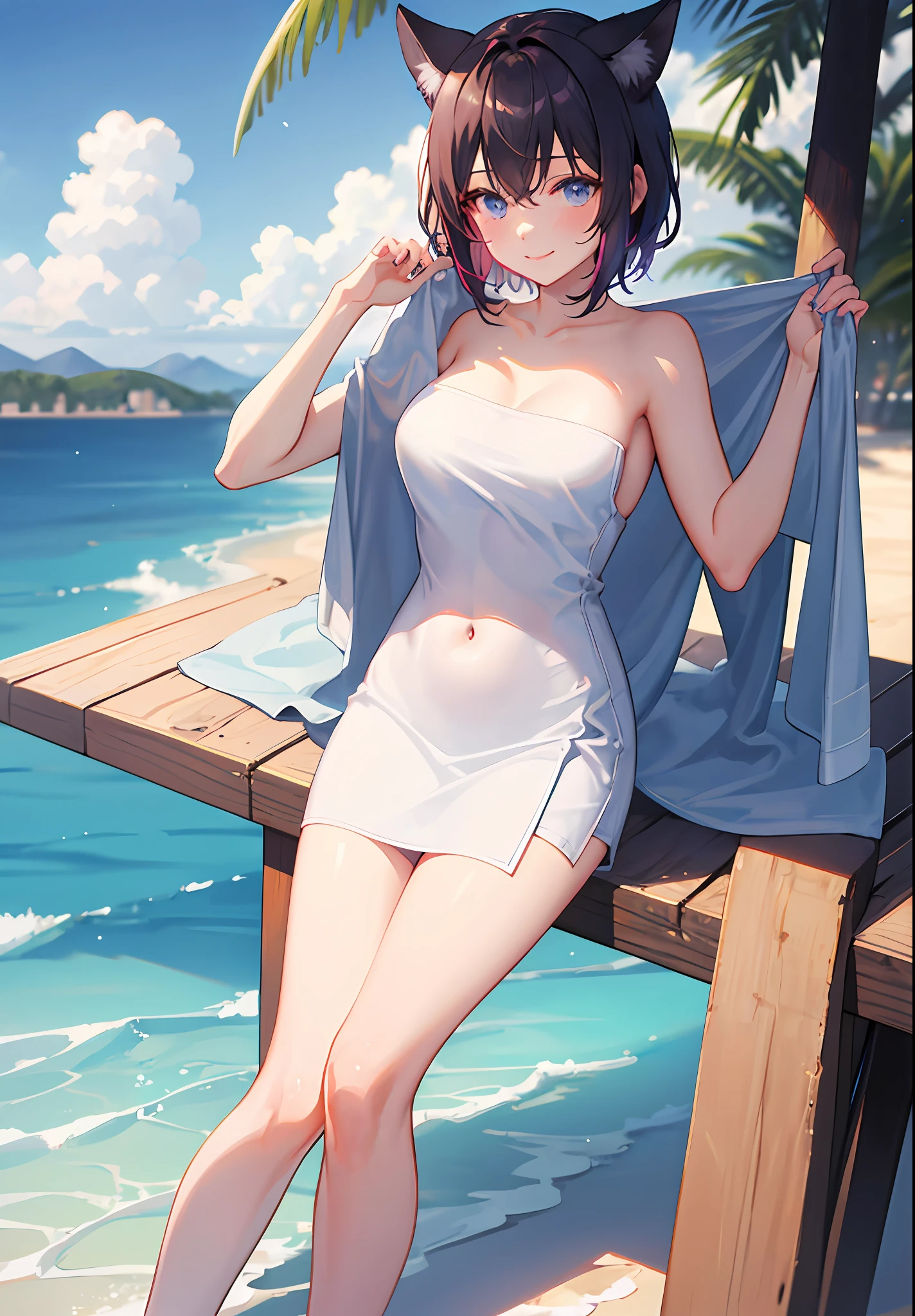 extremely detailed CG,UHD wallpaper, Extreme details,(((best quality))), ((ultra-detailed)),1girl, animal_ears, black_hair, blue_eyes, breasts, cat_ears,(naked_towel), cloud, cloudy_sky, dusk, evening, gradient_sky, horizon, looking_at_viewer, makeup, medium_breasts, watery,weat,weatdrop,mountain, mountainous_horizon, navel, ocean, orange_sky, outdoors, palm_tree, purple_sky, red_sky, short_hair, sitting, sky, smile, solo, sun, sunrise, sunset, towel, tree, twilight, water