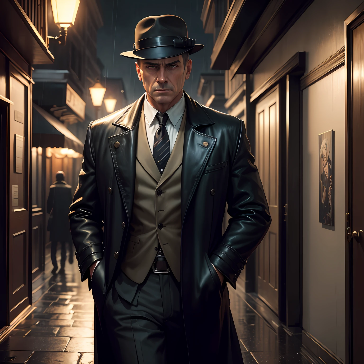 (masterpiece, top quality: 1.2), ultra-detailed face, (calm colors: 1.2, dark studio, rim lighting, two-tone lighting, dim lighting, lowkey), (heavy rain weather)), long leather raincoat,
 1930s poster, noir detective film, (noir atmosphere: 1), dark atmosphere, city street at night, emphasizing noir colors,
New York in the 1930s, and Detective Jack Sullivan returns to his office after a long day of pounding the pavement, trying to solve the latest case thrown into his path. It was a tough one, and he was no closer to finding the perpetrator than when he started,
Trending at Art Station, Trending at CGSociety, Complex and High Detail, Mid-Journey and dramatic and photorealistic painting art by Greg Rutkowski, --auto
