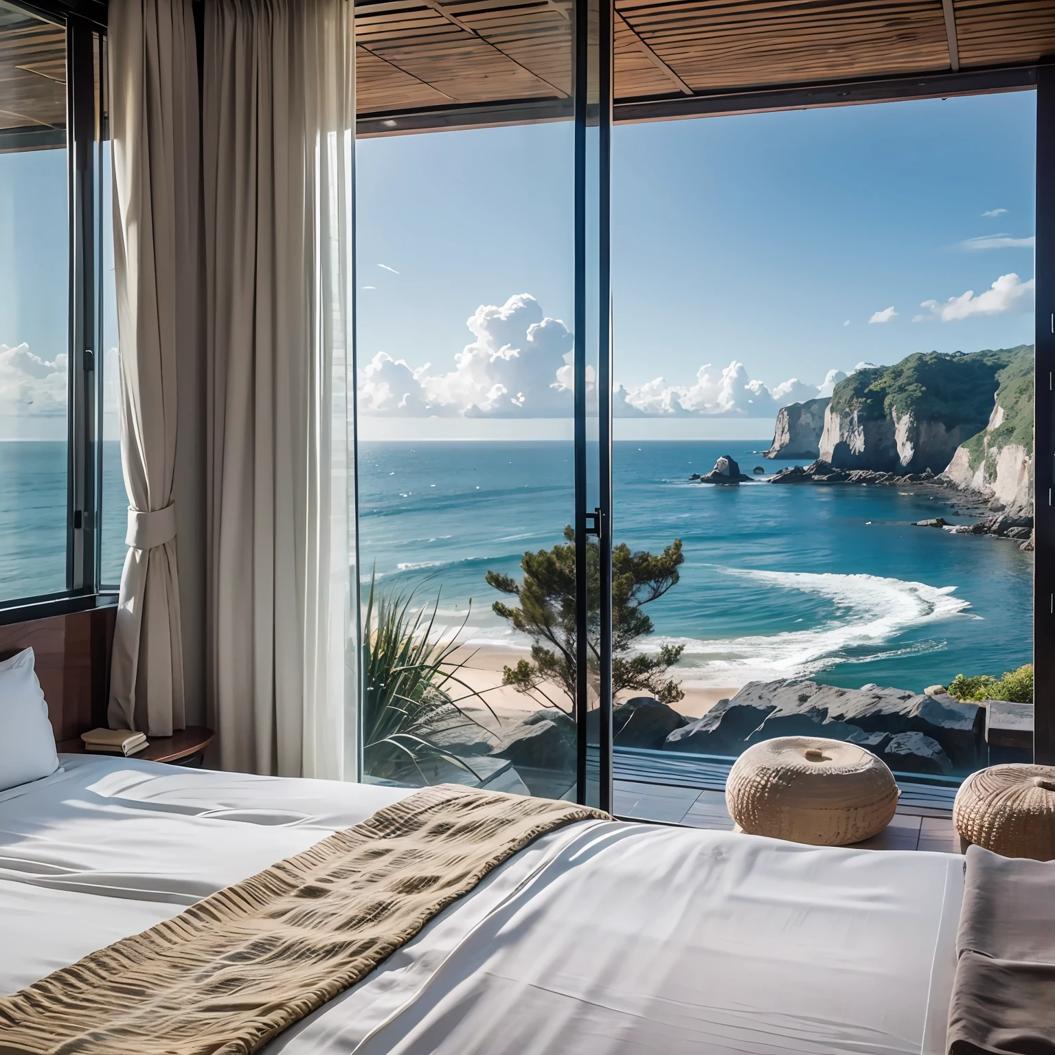 High quality high contrast waterfall sea view,Through the windows of the design resort rooms,See the stunning view of the cliffs。Minimalist design combined with whimsy,Presents the perfect sea-view holiday scenery。