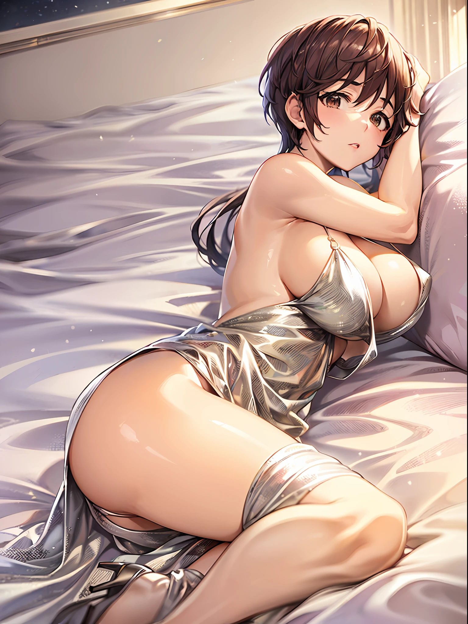 (巨作)), ((Best quality)), (Ultra-detailed), ((kawaii)), kawaii, (Lovely), ((Extremely detailed)), 4K, (8K), Best quality, (Beautiful),(((World-class quality))), Extremely detailed, High resolution, (detailed shaded pretty face), Full body, Adolecente, solo, ((seios gigantescos)), (((Sagging breasts))),((Long hair)),LuxuriousWheelsCostume, silvercleavage dress, oikawa shizuku , armpits, On the bed, From the side Side
