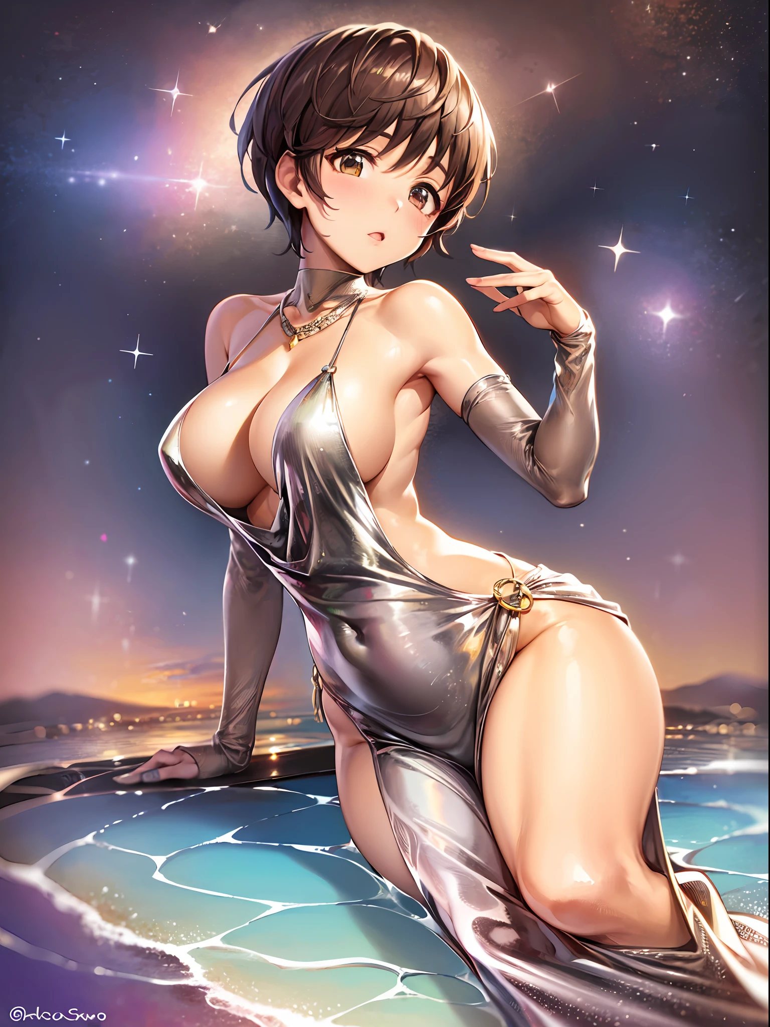 (巨作)), ((Best quality)), (Ultra-detailed), ((kawaii)), kawaii, (Lovely), ((Extremely detailed)), 4K, (8K), Best quality, (Beautiful),(((World-class quality))), Extremely detailed, High resolution, (detailed shaded pretty face), Full body, Adolecente, solo, ((seios gigantescos)), (((Sagging breasts))),((Long hair)),LuxuriousWheelsCostume, silvercleavage dress, oikawa shizuku , armpits, On the bed, From the side Side