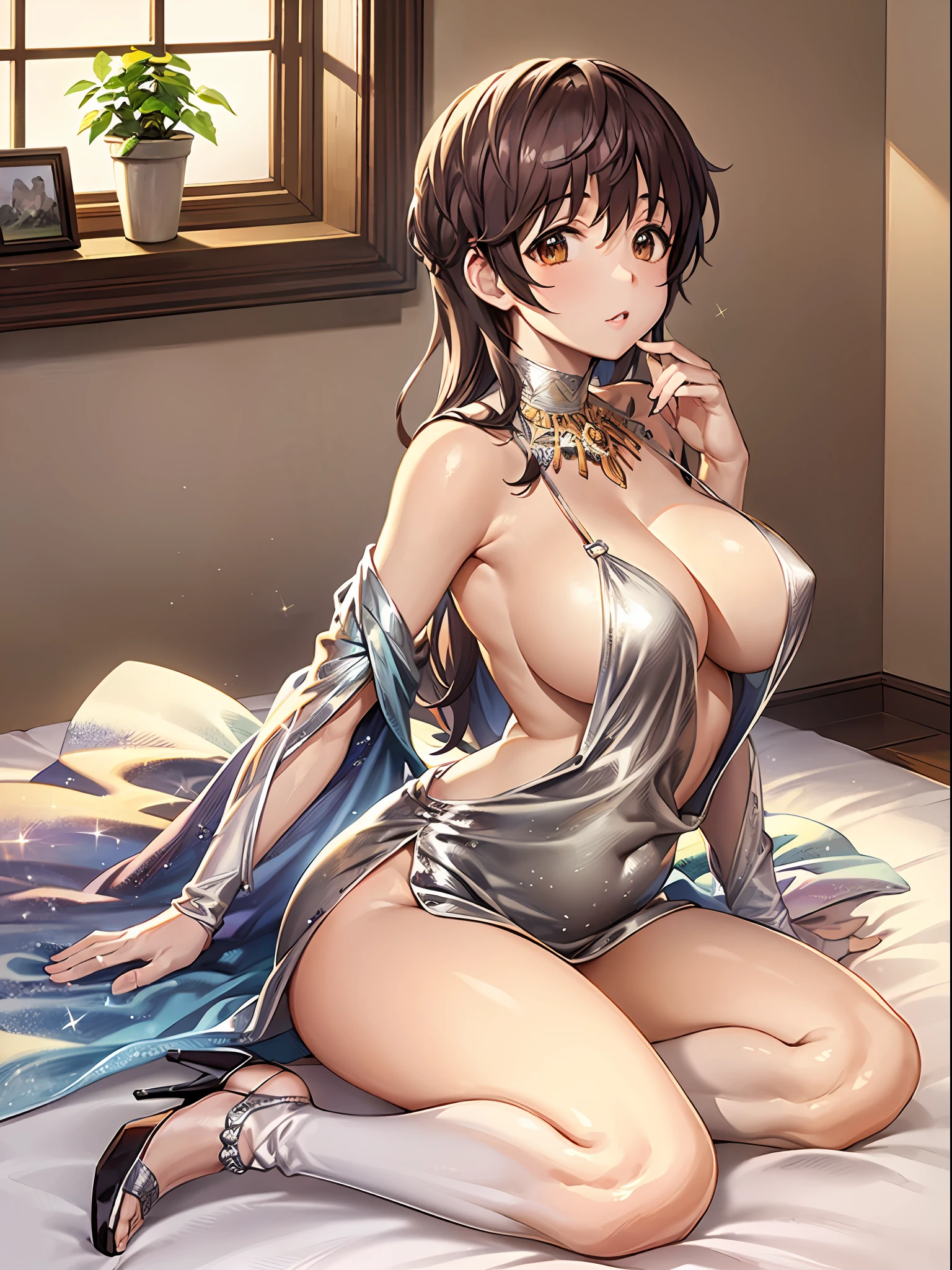 (巨作)), ((Best quality)), (Ultra-detailed), ((kawaii)), kawaii, (Lovely), ((Extremely detailed)), 4K, (8K), Best quality, (Beautiful),(((World-class quality))), Extremely detailed, High resolution, (detailed shaded pretty face), Full body, Adolecente, solo, ((seios gigantescos)), (((Sagging breasts))),((Long hair)),LuxuriousWheelsCostume, silvercleavage dress, oikawa shizuku , armpits, On the bed, From the side Side
