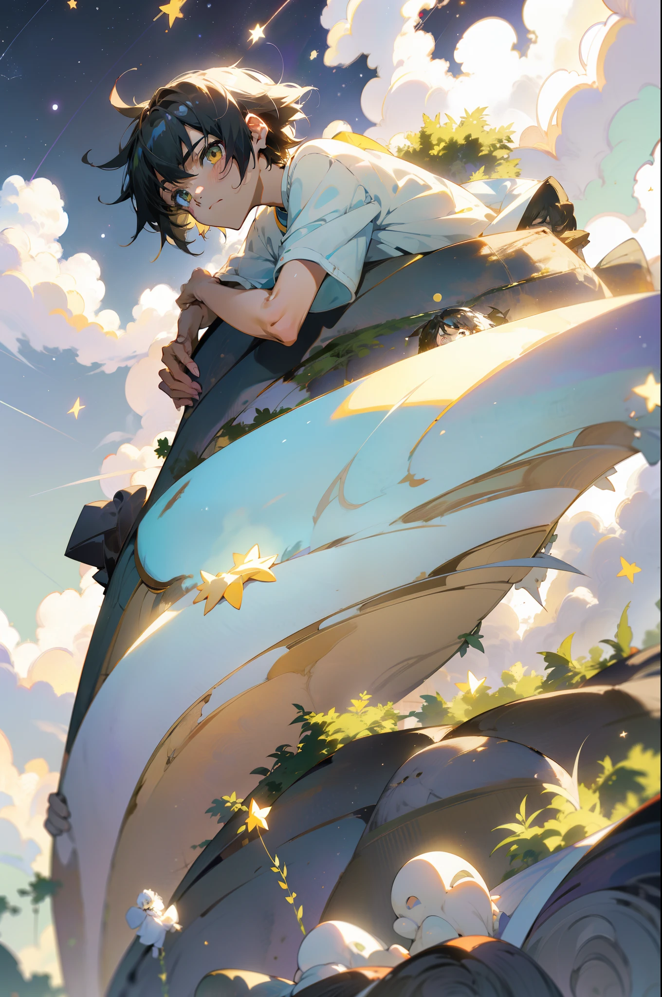 Maximalism，Best quality，ultra HD picture quality，Makoto Shinkai painting style，9 years old boy，Lie on the grass at night，White casual clothes，shorter pants，white color hair，Shiny hair，Star-shaped pupils，Heterochromia，Yellow-purple eyes，and hold your head in your hands，Gaze at the stars，Barefoot