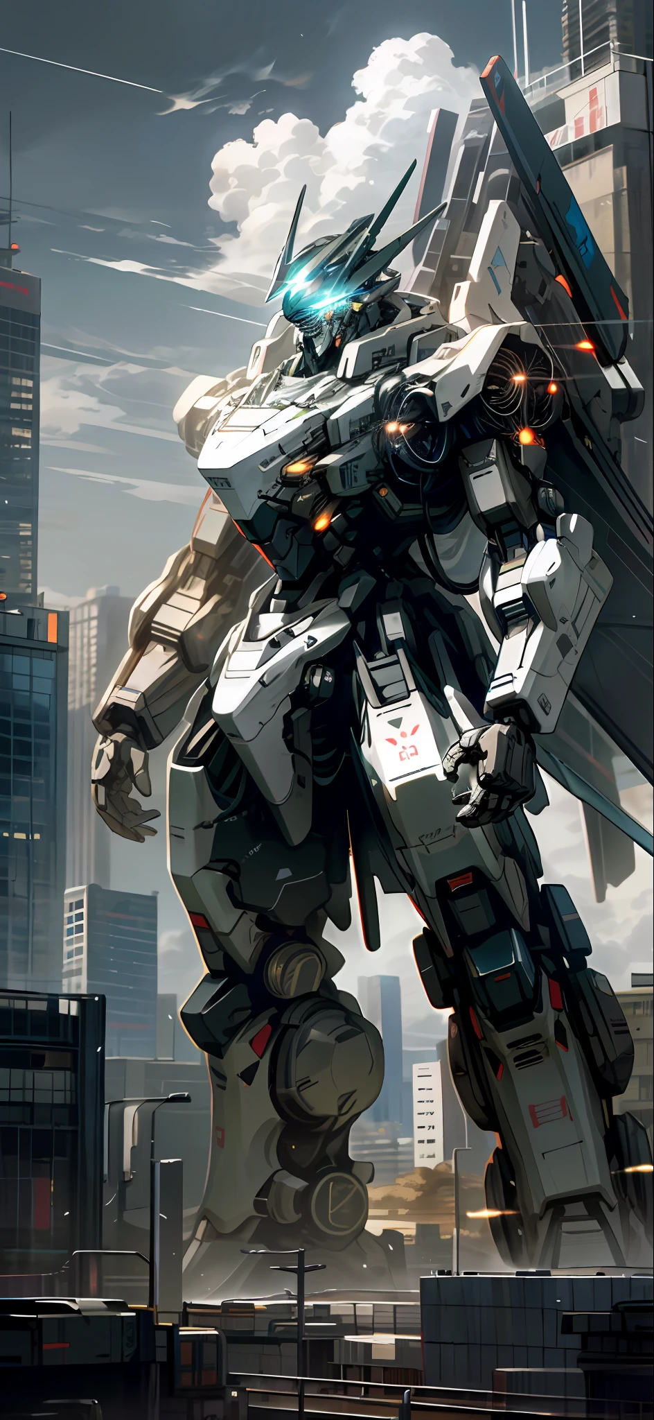 sky, cloud, holding_weapon, no_humans, glowing, , robot, building, glowing_eyes, mecha, science_fiction, city, realistic,mecha