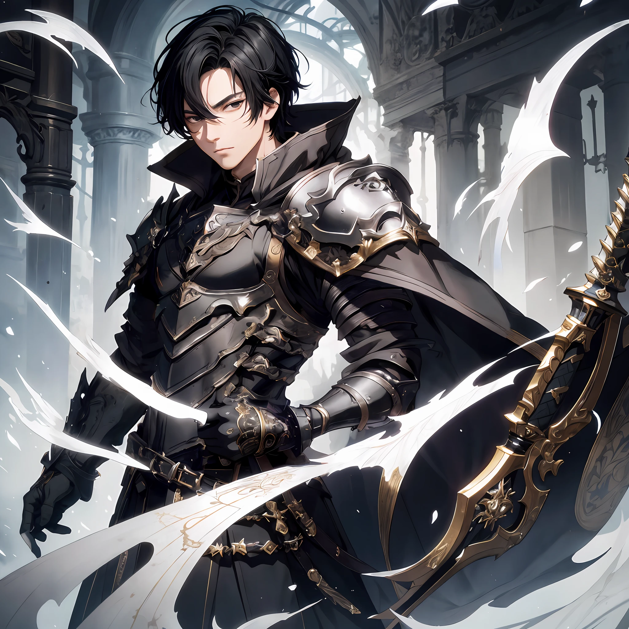masterpiece, best quality, 1man, adult, male focus, solo, black hair, short hair, black eyes, looking at viewer, closed mouth, Fantasy aesthetics, Highly detailed, shadowverse style, black metal armor