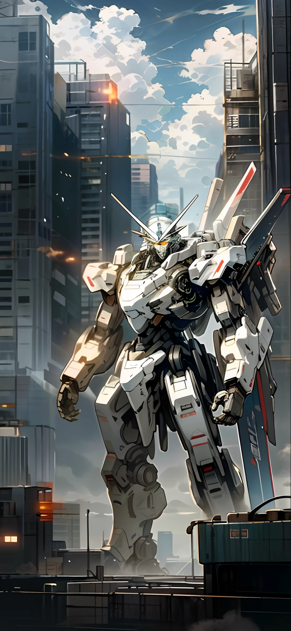 sky, cloud, holding_weapon, no_humans, glowing, , robot, building, glowing_eyes, mecha, science_fiction, city, realistic,mecha
