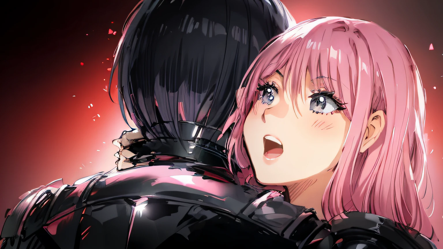 A beautiful girl with pink hair is hugged by a young man with black hair and black armor,Girls are shy,
