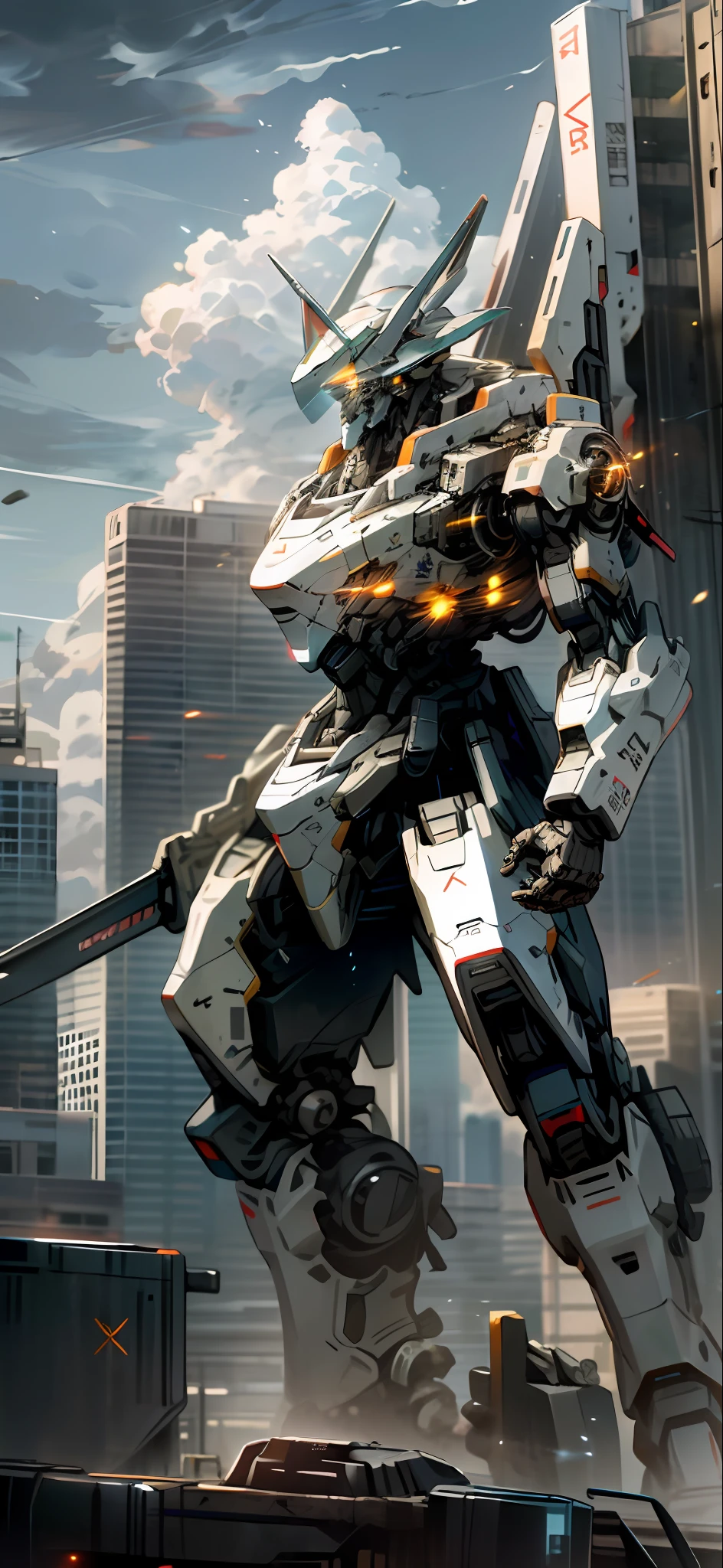 sky, cloud, holding_weapon, no_humans, glowing, , robot, building, glowing_eyes, mecha, science_fiction, city, realistic,mecha