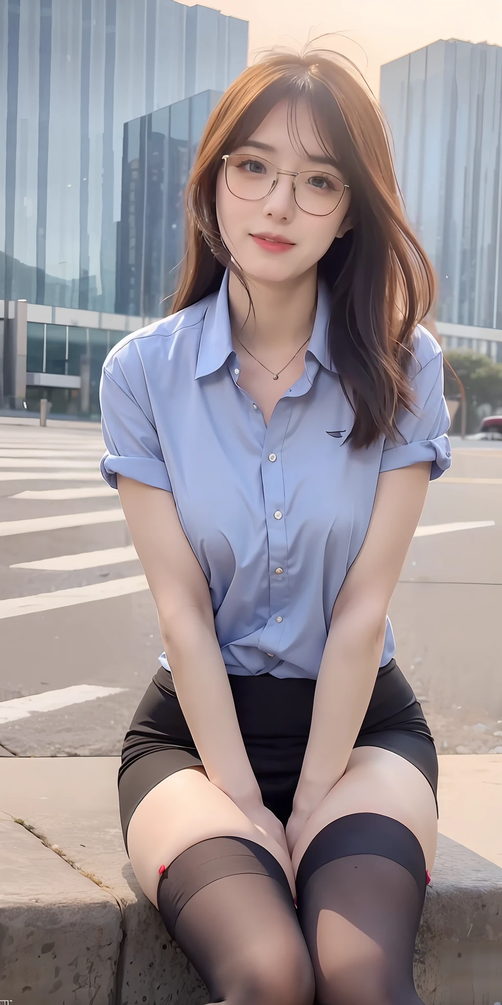 mix4, 20d, solo, long_hair, shirt, dress, high_heels,full_body, look_at_viewer, (8k, RAW photo, best quality, mastery:1.2), (realistic, photo-realistic:1.37), professional lighting, photon mapping, Radio City,physically-based renderingt,best qualtiy, Full body like,Refined face,pretty face,25 years old woman,slimfigure,Smaller bust,office lady uniform,Office wear,black lence stockings,Outdoor Scene,Sit Pose,wears glasses