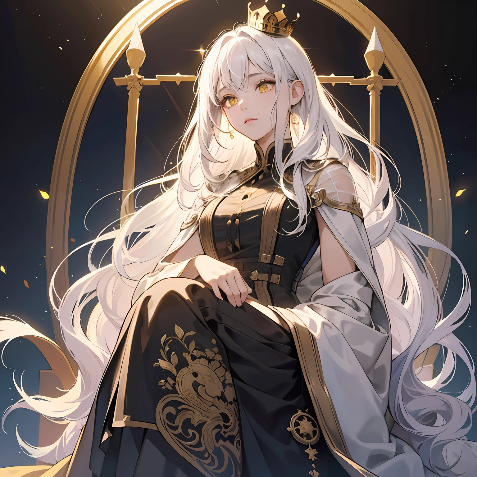(Masterpiece:1.2), best quality, (illustration:1.2), (ultra-detailed), hyper details, (delicate detailed), (intricate details), (cinematic light, best quality Backlights), clear line, from below, soloist, perfect body, (1girl), white hair and yellow eyes, (emperor, black see-through clothes), (crown: 1.1), sitting on the throne, eyes slightly closed, head down, (shy: 1.2 ), (makeup), high contrast, (best illumination, an extremely create and beautiful), (cinematic light), colorful, --auto