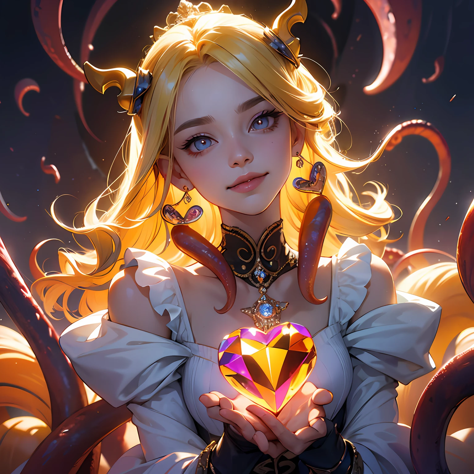 Kizi，A queen，Drill hair, Blonde hair, Tentacle hair, hair bobbles, Amber eyes, Diamond-shaped pupils, Heart-shaped eyes, Light smile, Shy, Happy, Reflectors, Earrings, Crystal earrings, Verism, cubismo, Contemporary art, romanticism lain, High detail, Chiaroscuro, Ray tracing, back lit lighting, hyper HD, retinas, Masterpiece, Anatomically correct, ccurate, Textured skin, Super detail, High quality, High details, Award-Awarded, Best quality, A high resolution --auto