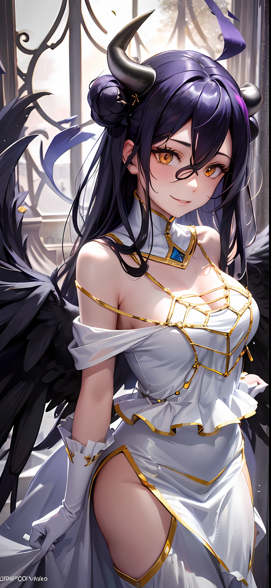 tmasterpiece, best qualtiy, A high resolution, Aluminum 1, devil horns, Pupil of the slit, White gloves, White dress, bare shoulders, Detachable collar, fission, Black wings, Feathered wings, Low wing, The cowboy was shot, station, loss, Evil smile, reaching out, arms out, arms out,