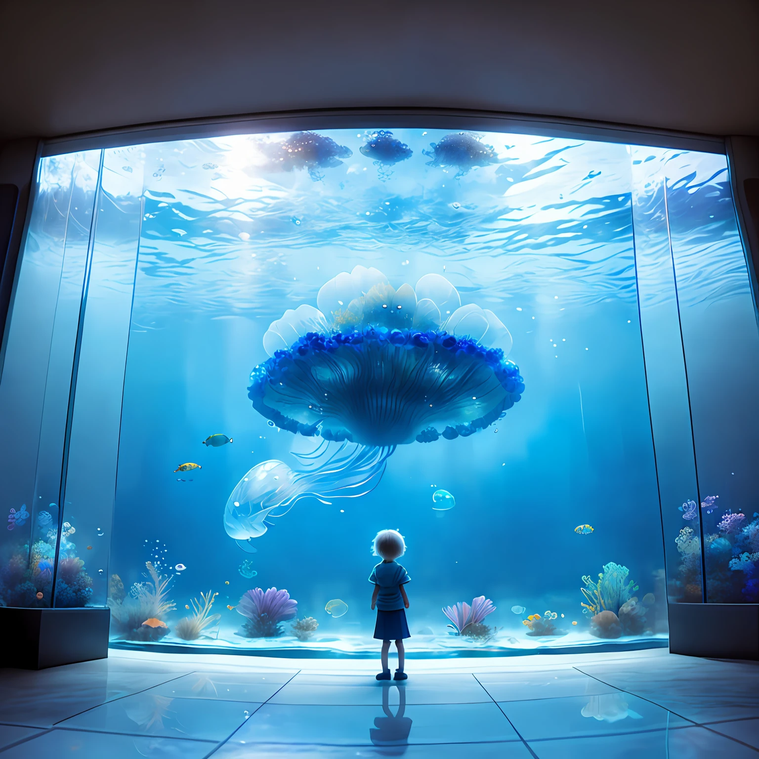 There was a little girl standing in front of the fish tank, big aquarium, Aquarium, A group of tiny jellyfish，jelly fish, an underwater alien ocean, standing under the sea, A huge glass jar, jelly fish, futuristic underwater metropolis, jellyfish, cyberpunk jellyfish, undersea environment, Underwater world, future!!, true realistic image, ocean floor