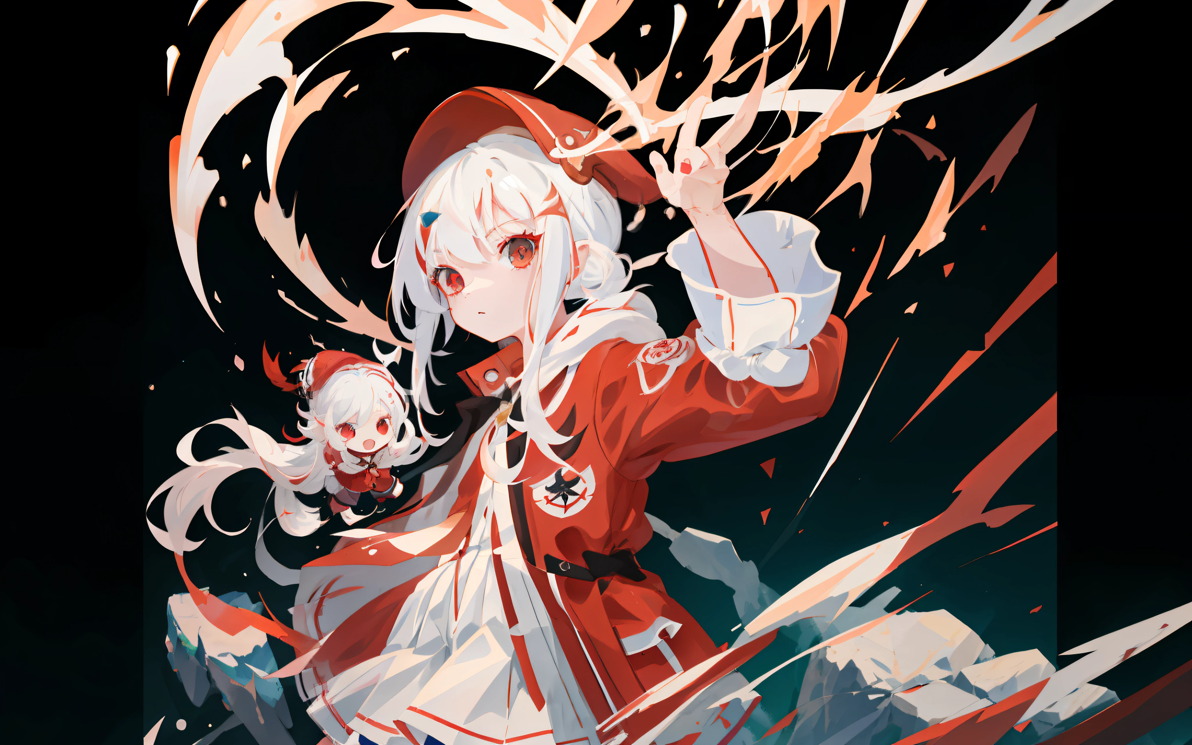 Anime - white hair,Girl in style with red hat and red jacket, Guviz, lalafell, Loli, Splash art anime Loli, Guviz-style artwork, Guweiz in Pixiv ArtStation, Guweiz on ArtStation Pixiv, Genshin, style of anime4 K, trending on artstation pixiv --auto