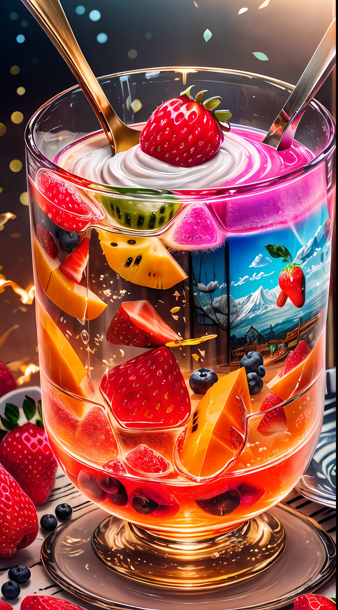Healthy breakfast. Faceted glass, crystal, mother-of-pearl shimmers, Multi-colored highlights, Different play of light, Berry yogurt, CocktailWorld, scenery, landscape, Street, Depth of field , ((blurred background)), Masterpiece, Best Quality, ultra detail, (((Multi-layered jelly))) glass, stained glass windows, Multi-colored sparks glare, tmasterpiece, Top Quality, Experience, Chic, Boho-chic, a gold, utensil, kettle, a cup, plate, crystals, with floral print,1 cup milk yogurt) 1 teaspoon vanilla extract of your choice, Chopped fresh fruits (For example, strawberries, kiwi, mango, blackberry, raspberry, cherry, carambola, blueberries, etc.) Marengo, coffee