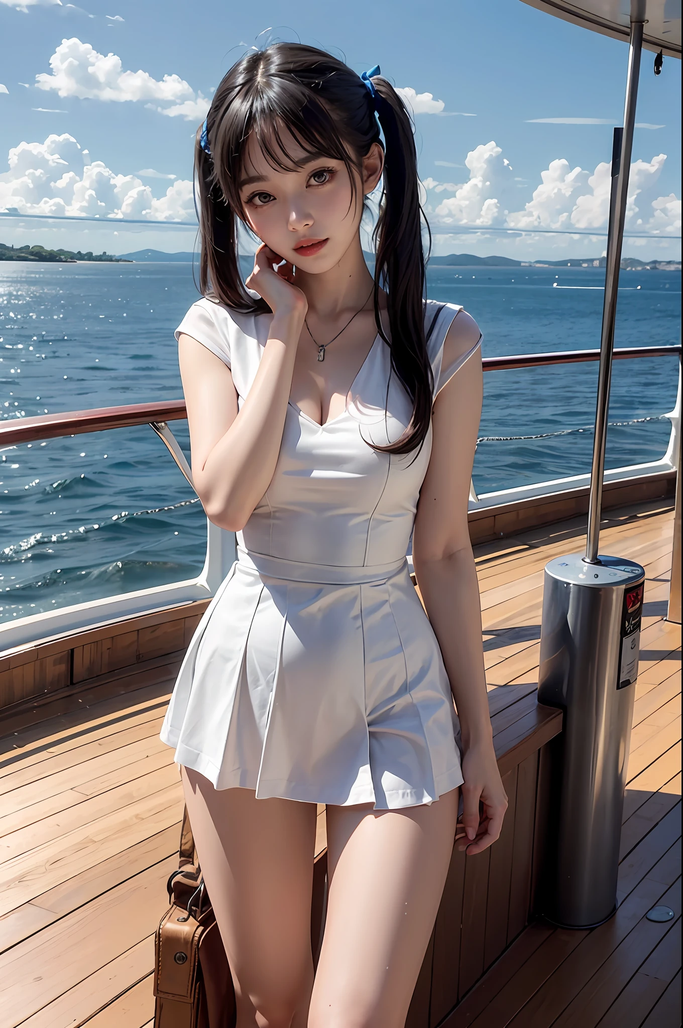 On the deck of a luxury cruise ship，mast，buoy，Pose for photos in loose blue and white sailor suits and short skirts，Slim girl model，24 years old female model，twintails，Unilateral bangs，
