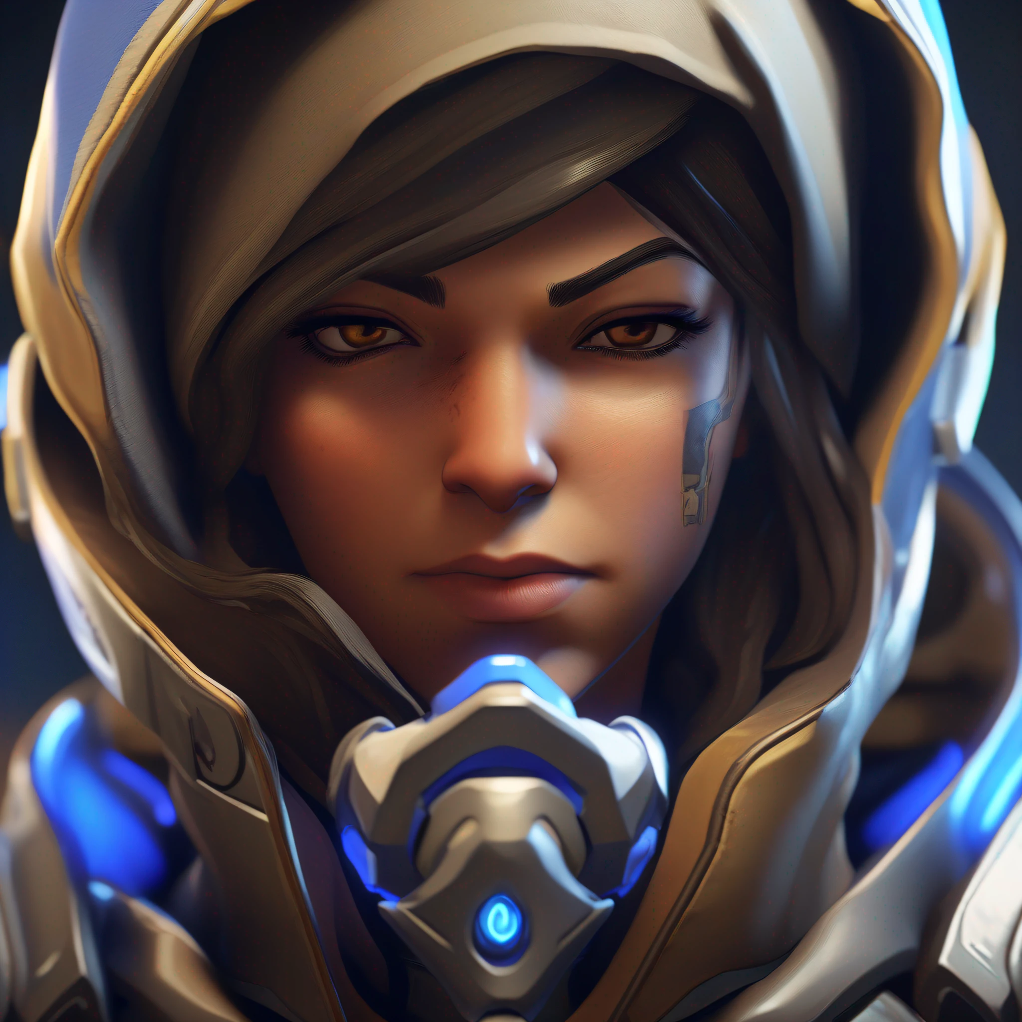 overwatch character, Ana Amari, determined, anime style, cinematic lighting, close-up, UHD, masterpiece