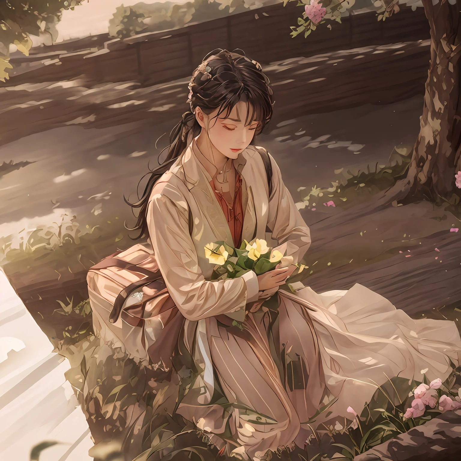 High Picture Quality, An image with a calm artistic feel, The background is colorful, Characters holding flowers, The eyes are calm and serene, The face is rosy and full, The angle is special, extreme hight detail, It's a refreshing picture.