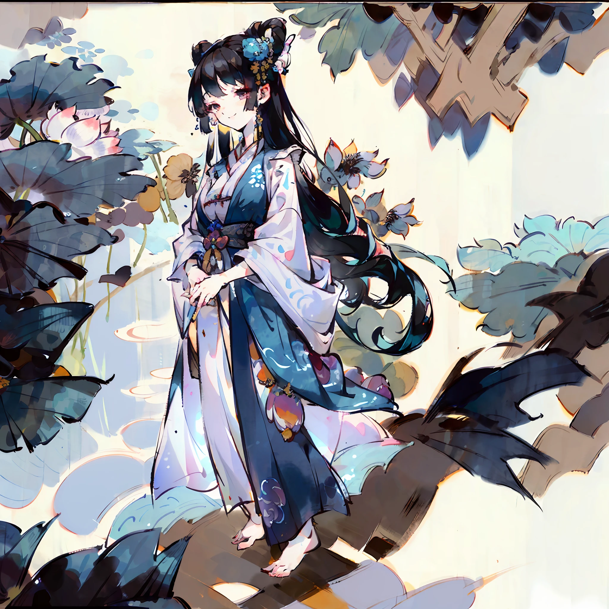 ((4k,masterpiece,best quality)), shuimobysim, traditional chinese ink painting, lotus, hanfu, maxiskit, dress conservatively 1girl, solo, long blue hair, smile, standing, feet in the water, barefoot,