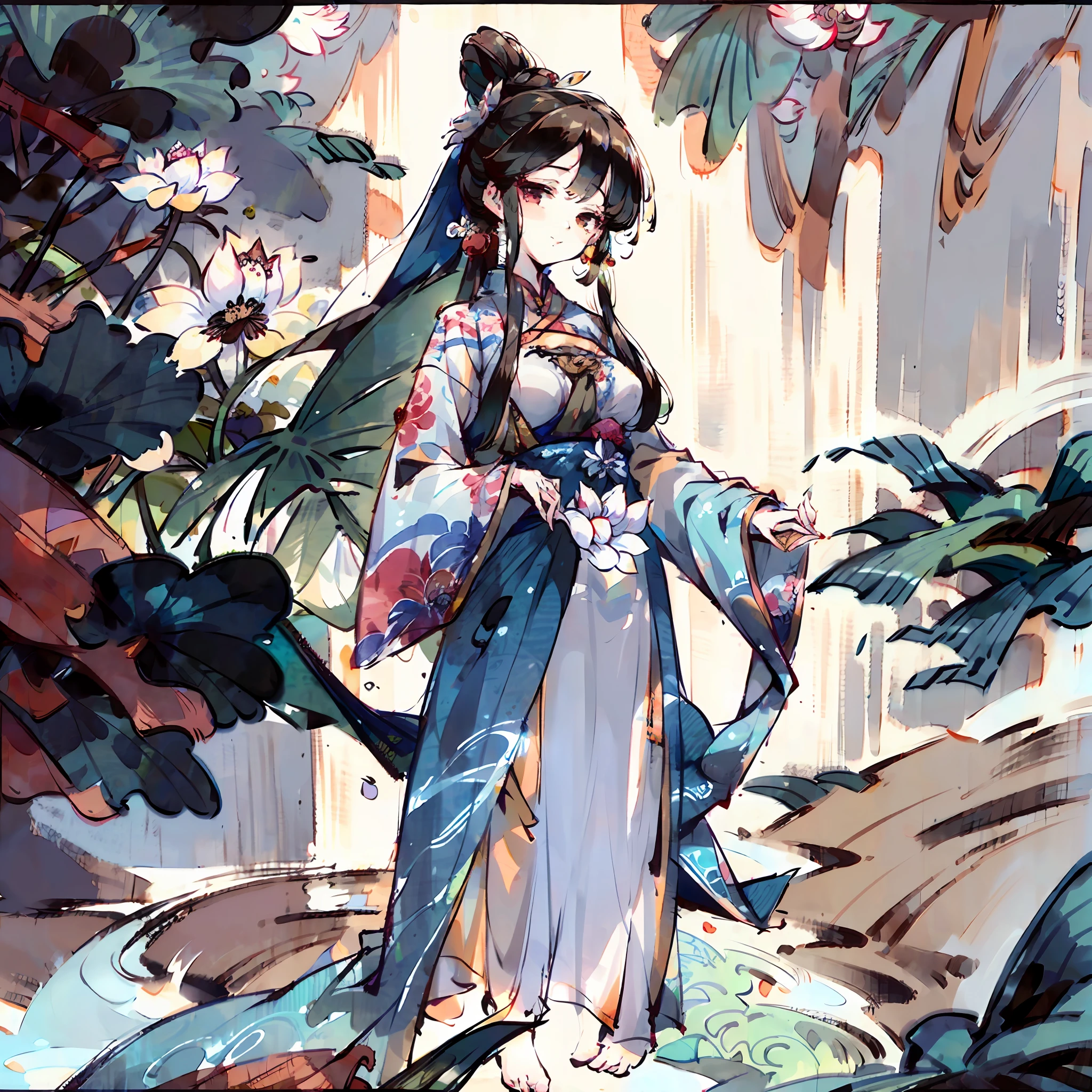 ((4k,masterpiece,best quality)), shuimobysim, traditional chinese ink painting, lotus, hanfu, maxiskit, dress conservatively 1girl, solo, long blue hair, smile, standing, feet in the water, barefoot,