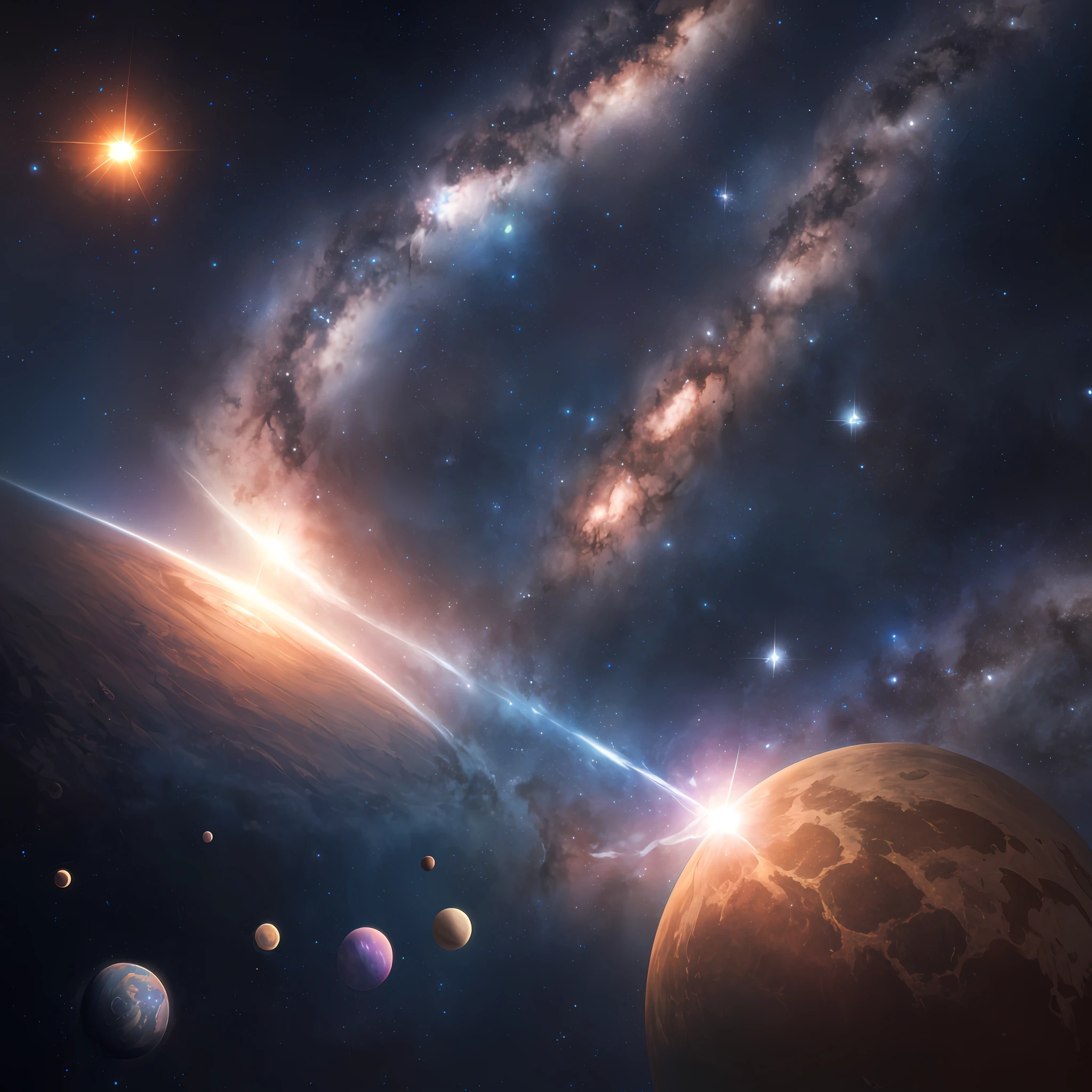 Masterpiece, best quality, high quality, highly detailed CG unity 8k wallpaper, depth of field, HDR, photorealistic, highly detailed, intricate, high detail, universe, space, galaxy, stars, planets, astronomy, universe, celestial body, nebula , black hole, solar system, cosmic rays, supernova, deep space, astronomical object --auto