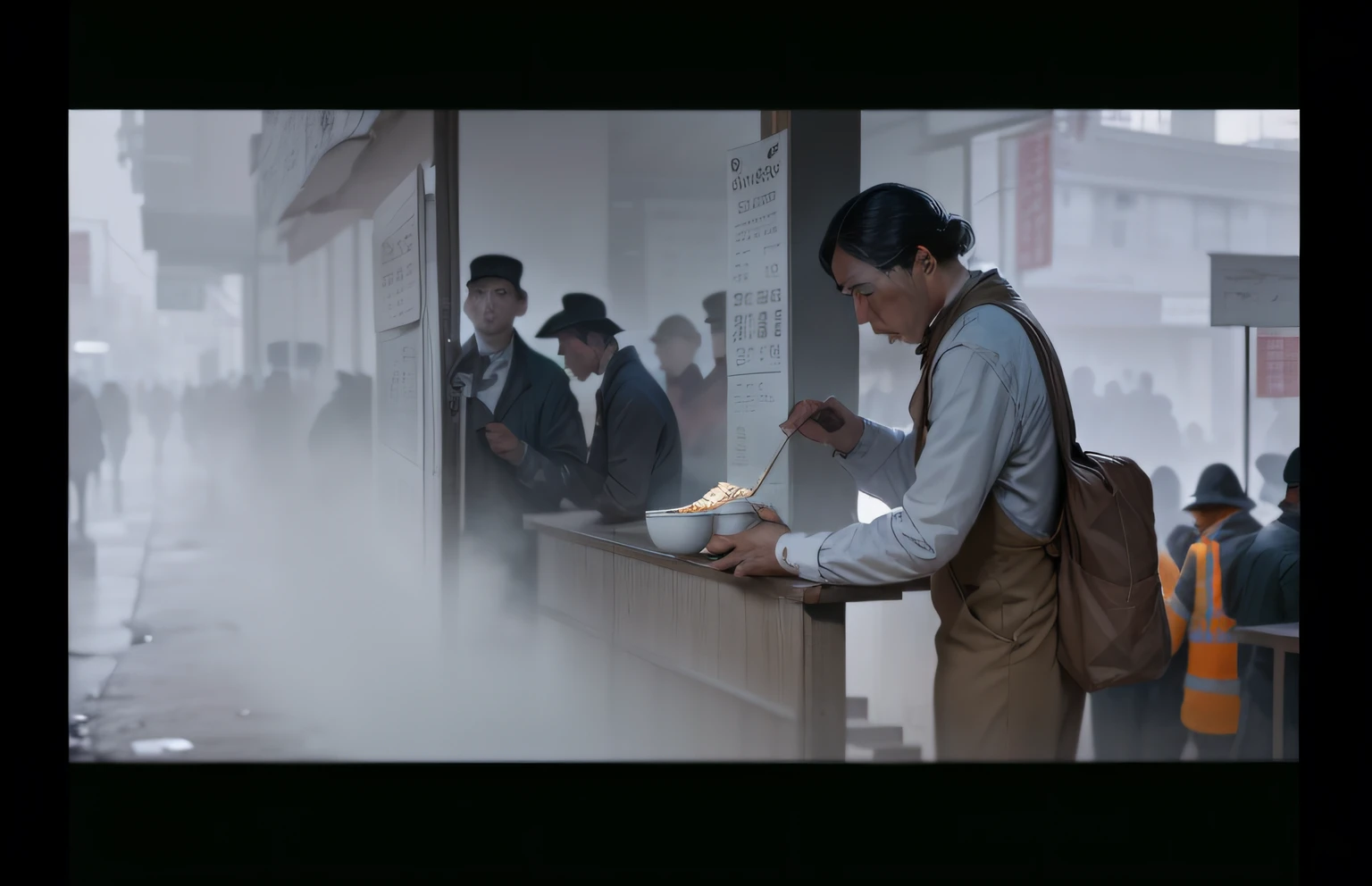 Disaster area in 1900,Hungry people wait in long lines to receive relief porridge。Black and white oil painting style,It is necessary to show the desperate expression of hungry people。 --auto