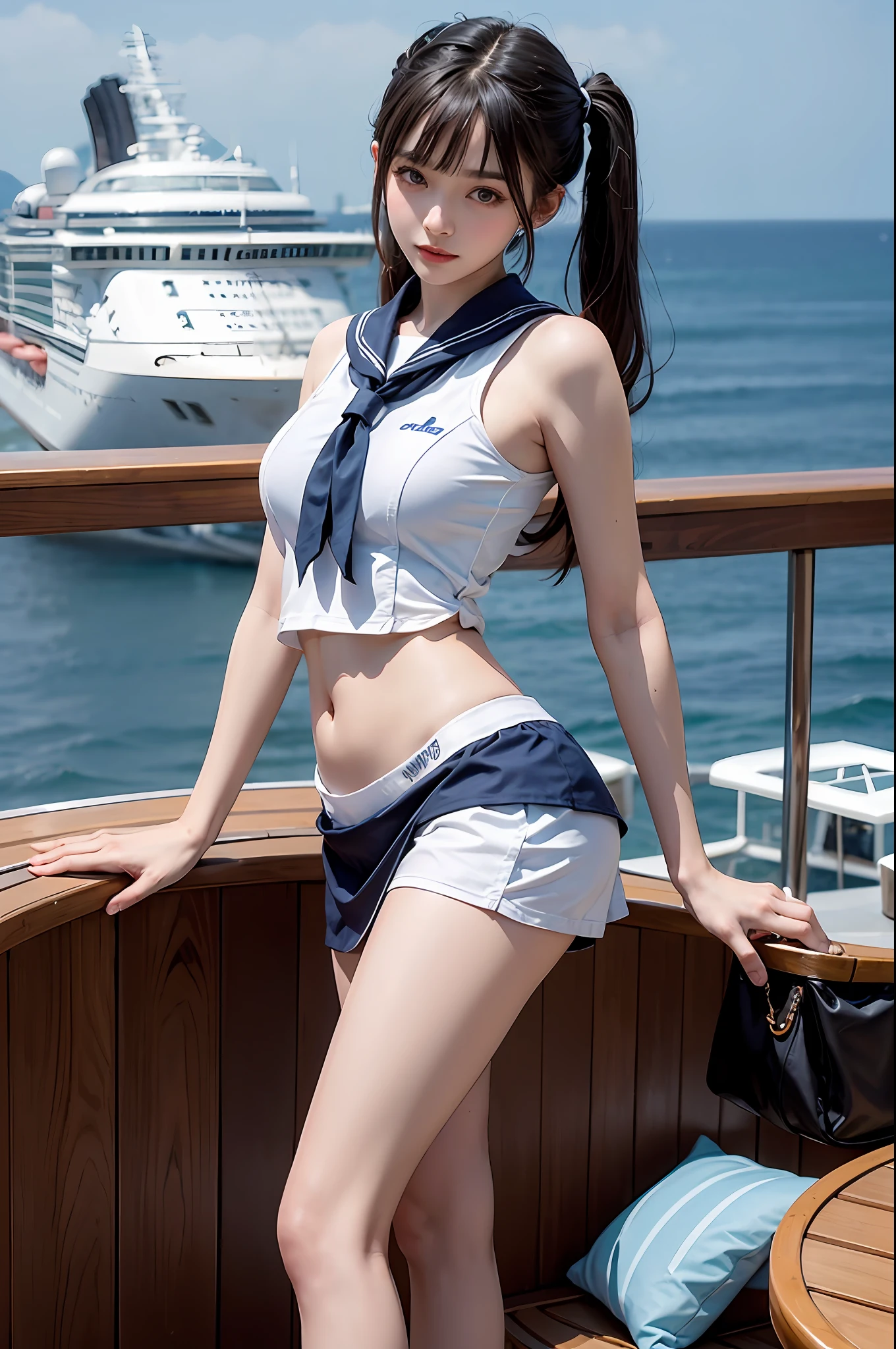 On the deck of a luxury cruise ship，mast，buoy，Pose for photos in loose blue and white sailor suits and short skirts，Slim girl model，24 years old female model，twintails，Unilateral bangs，