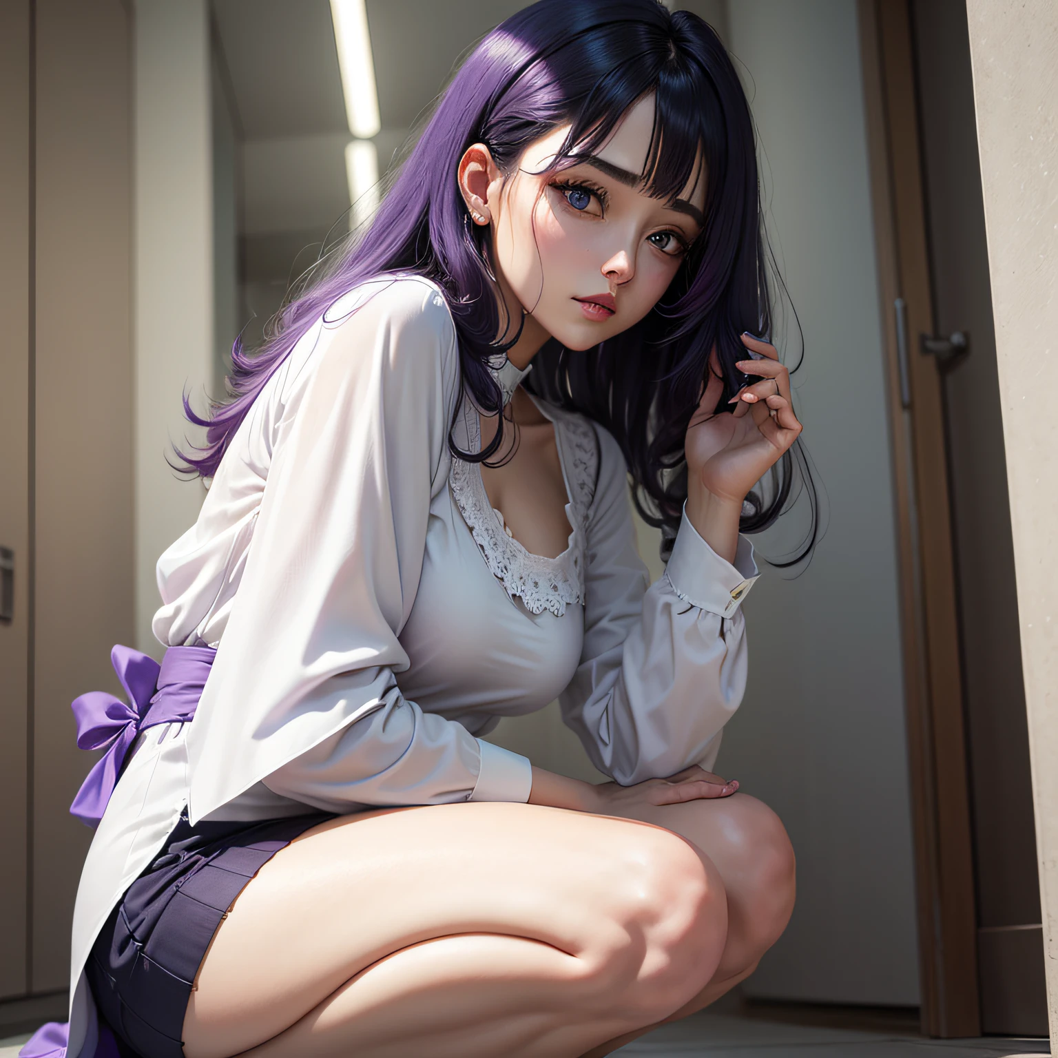White color blouse，Purple short JK payment，cabelos preto e longos，Shawl hair，White melon seed face，largeeyes，Blue pupil，long leges。Lori kneels --auto