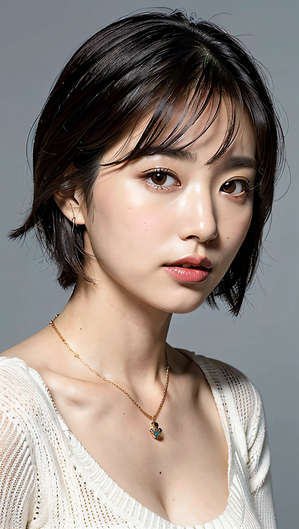 (Best quality, 8k, 32k, Masterpiece, UHD:1.2),Photo of Pretty Japanese woman, large breasts, very short bob hair,upper body,face focus,oversized_sweater, necklace, simple background, from above, looking at viewer,