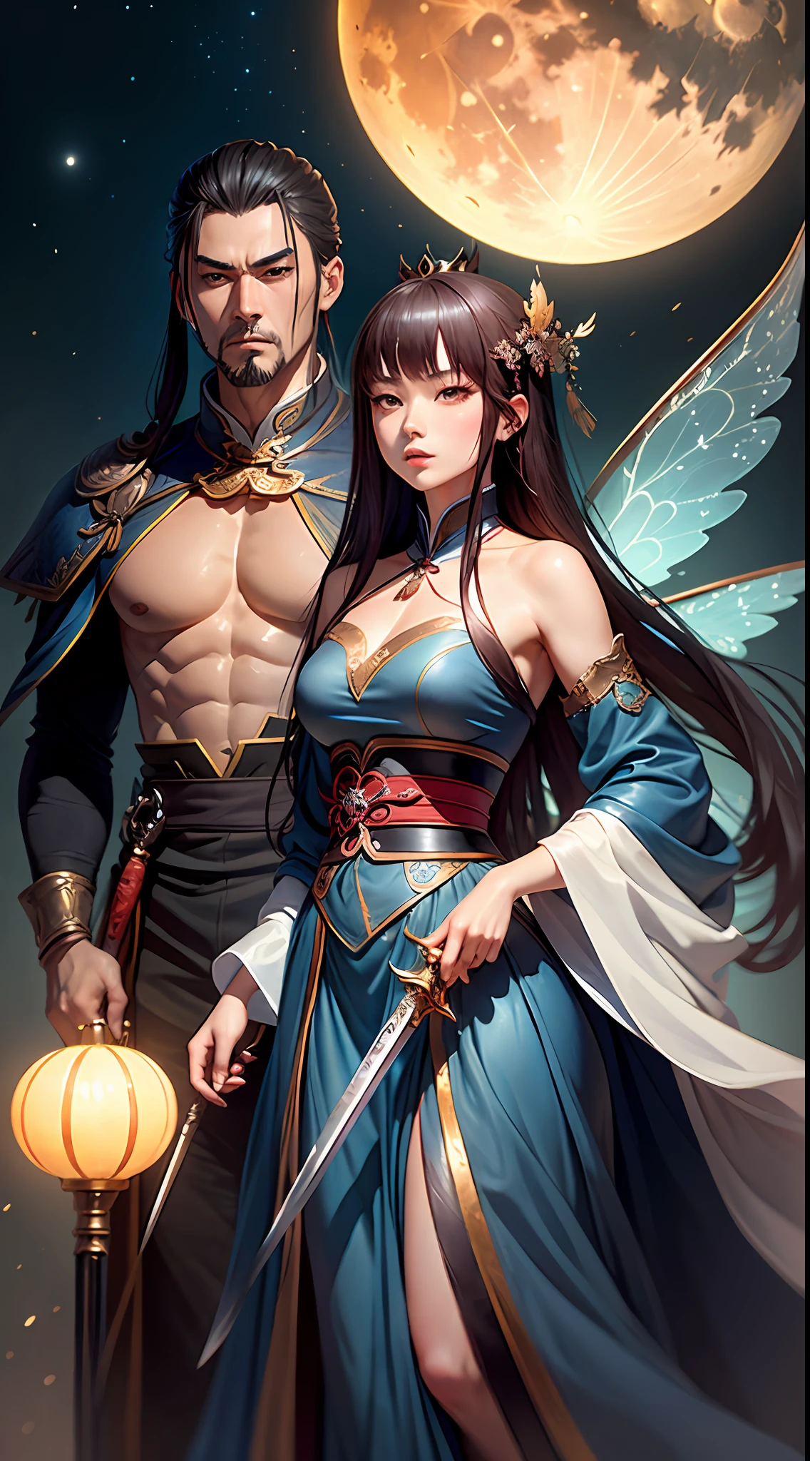 Blue Swordsman，woman，Blue sword woman before the full moon，fairy fantasy，Anime long hair blue dress female crown beautiful girl（Exquisitehands：1.2）, full-body xianxia, Court, Hanfu girl, Inspired by Lan Ying, fairy fantasy、Xianxia、Kurosawa Akiyoshi，Beautiful figure painting