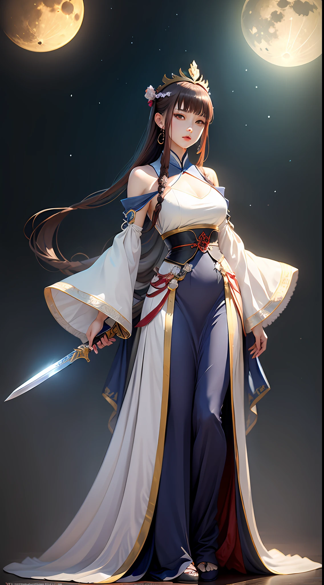 Blue Swordsman,woman,Blue sword woman before the full moon,fairy fantasy,Anime long hair blue dress female crown beautiful girl(Exquisitehands:1.2), full-body xianxia, Court, Hanfu girl, Inspired by Lan Ying, fairy fantasy、Xianxia、Kurosawa Akiyoshi,Beautiful figure painting