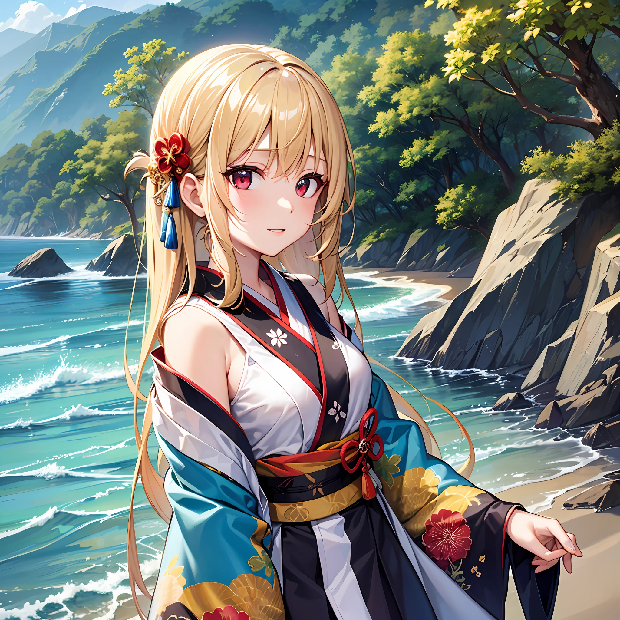 One blonde girl、red eyes、Kimono、sea side