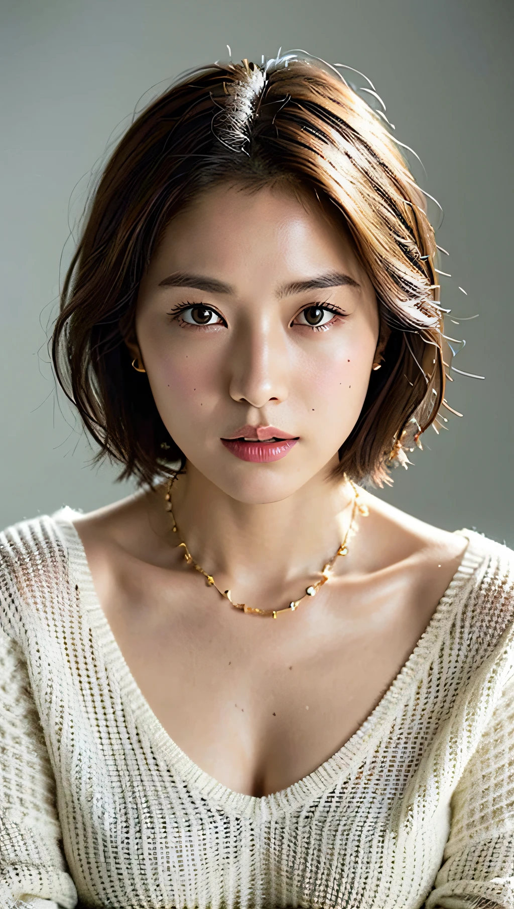 (Best quality, 8k, 32k, Masterpiece, UHD:1.2),Photo of Pretty Japanese woman, large breasts, very short bob hair,upper body,face focus,oversized_sweater, necklace, simple background, from above, looking at viewer,
