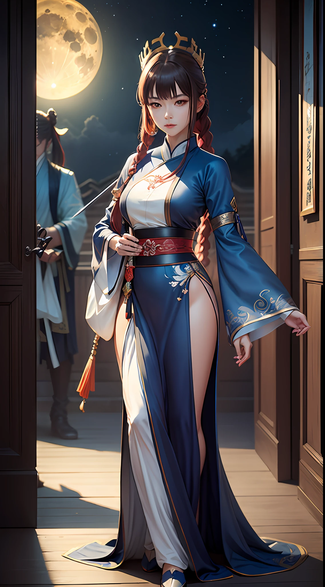 Blue Swordsman,woman,Blue sword woman before the full moon,fairy fantasy,Anime long hair blue dress female crown beautiful girl(Exquisitehands:1.2), full-body xianxia, Court, Hanfu girl, Inspired by Lan Ying, fairy fantasy、Xianxia、Kurosawa Akiyoshi,Beautiful figure painting