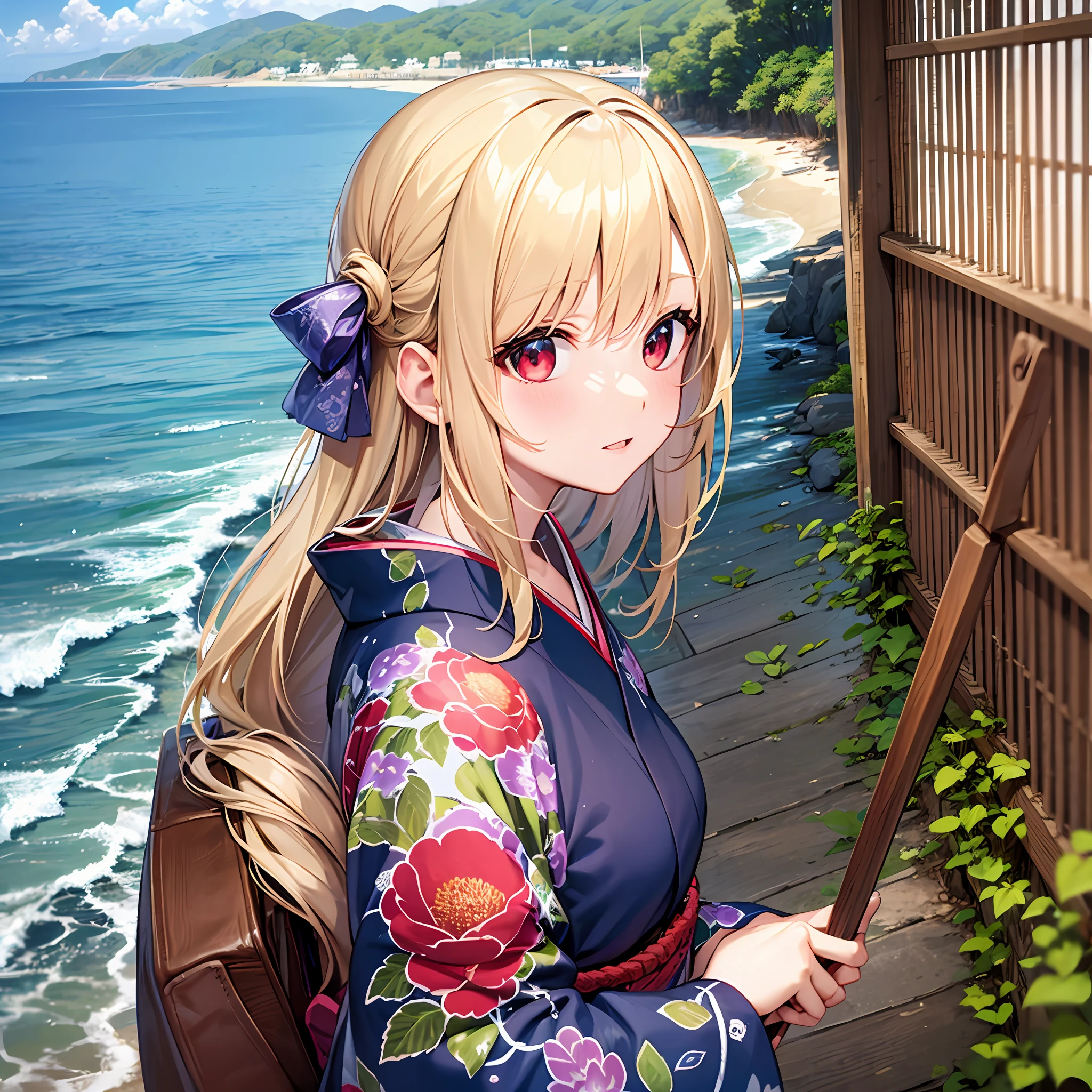 One blonde girl、red eyes、Blue kimono、sea side