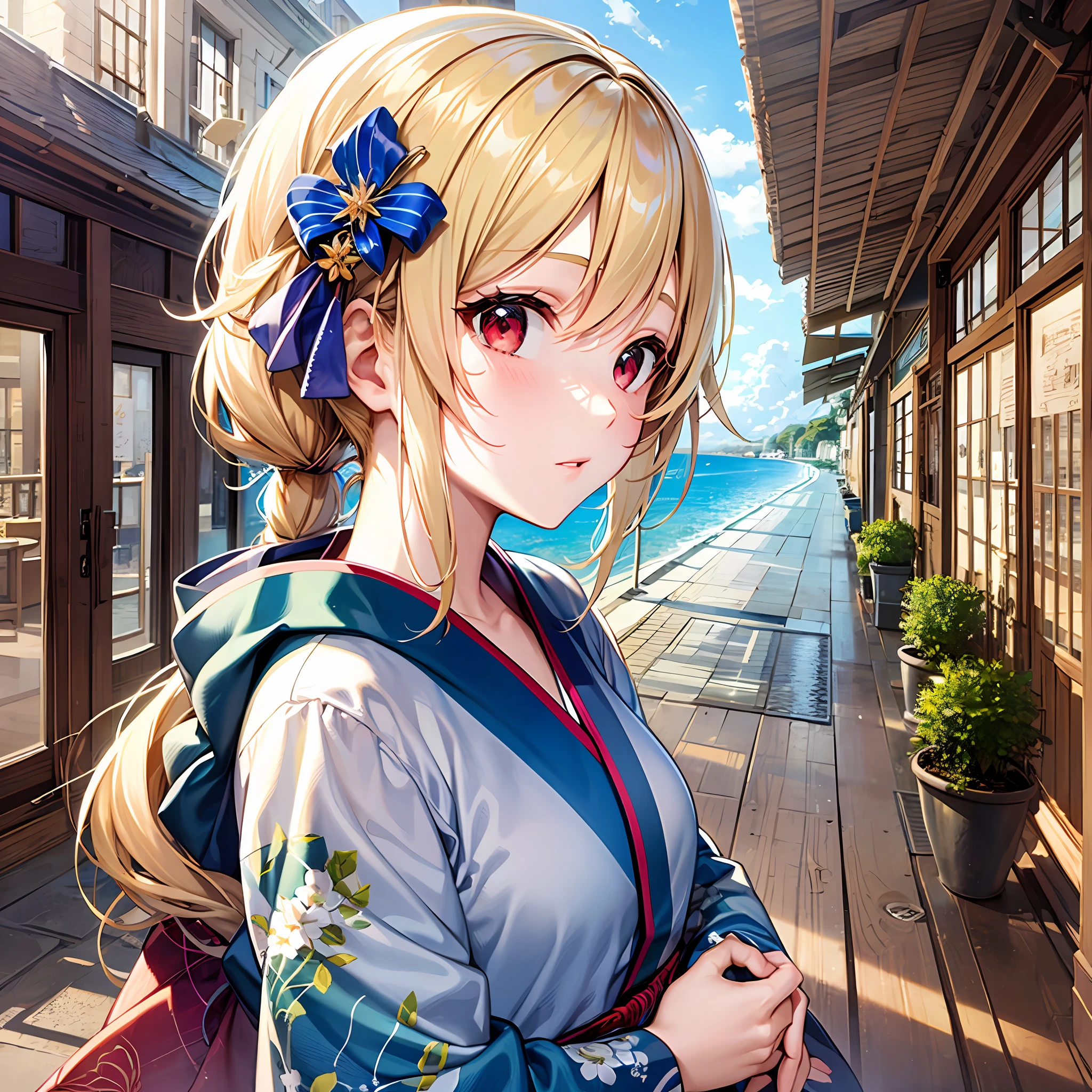 One blonde girl、red eyes、Blue kimono、sea side