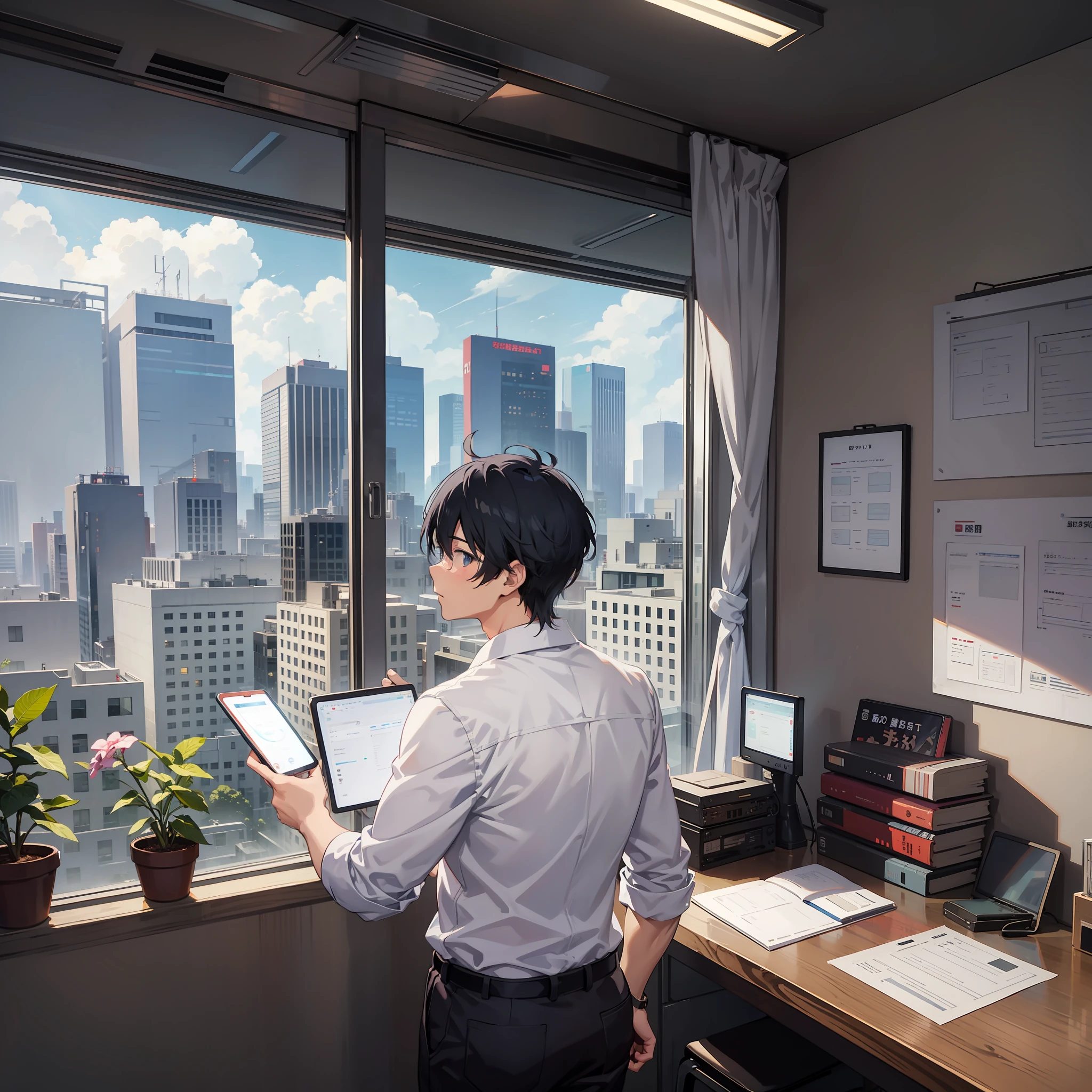 (A fat otaku youth in casual clothes)
(standing beside window)
(in a office)