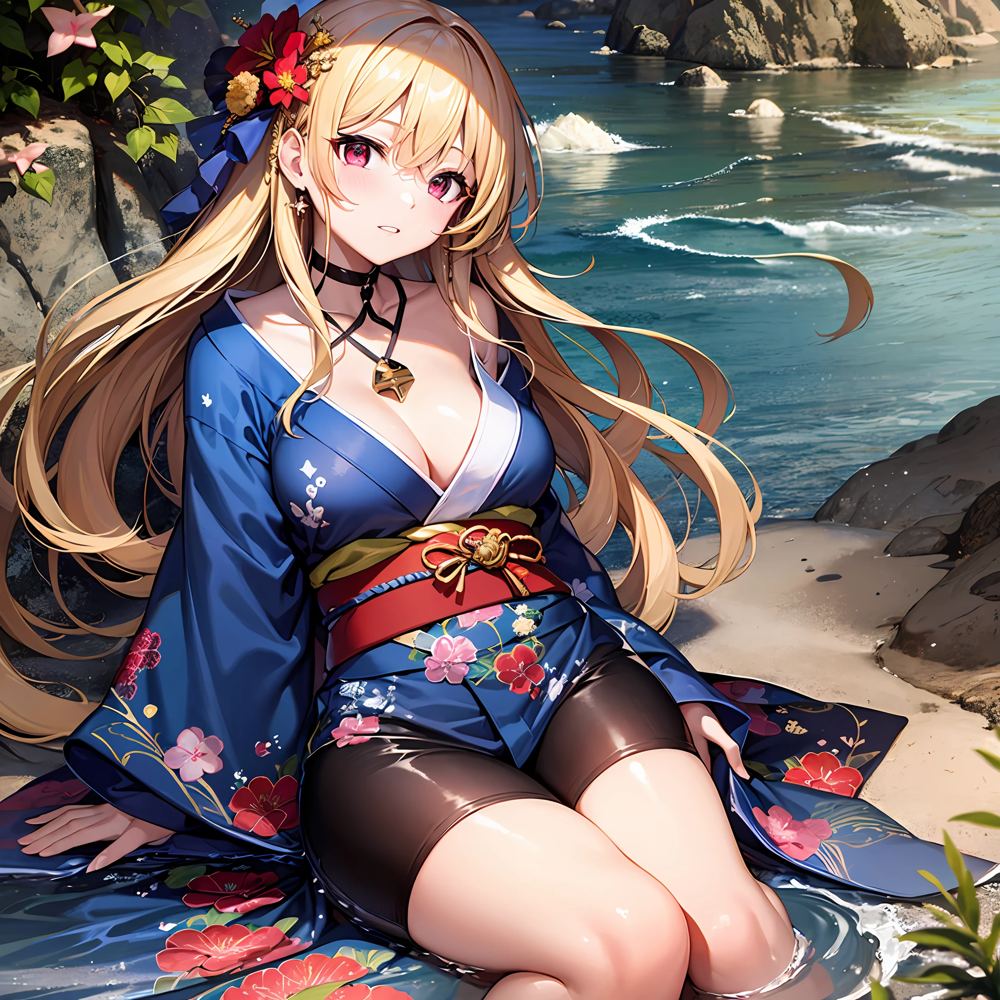 One blonde girl、red eyes、Blue kimono、sea side