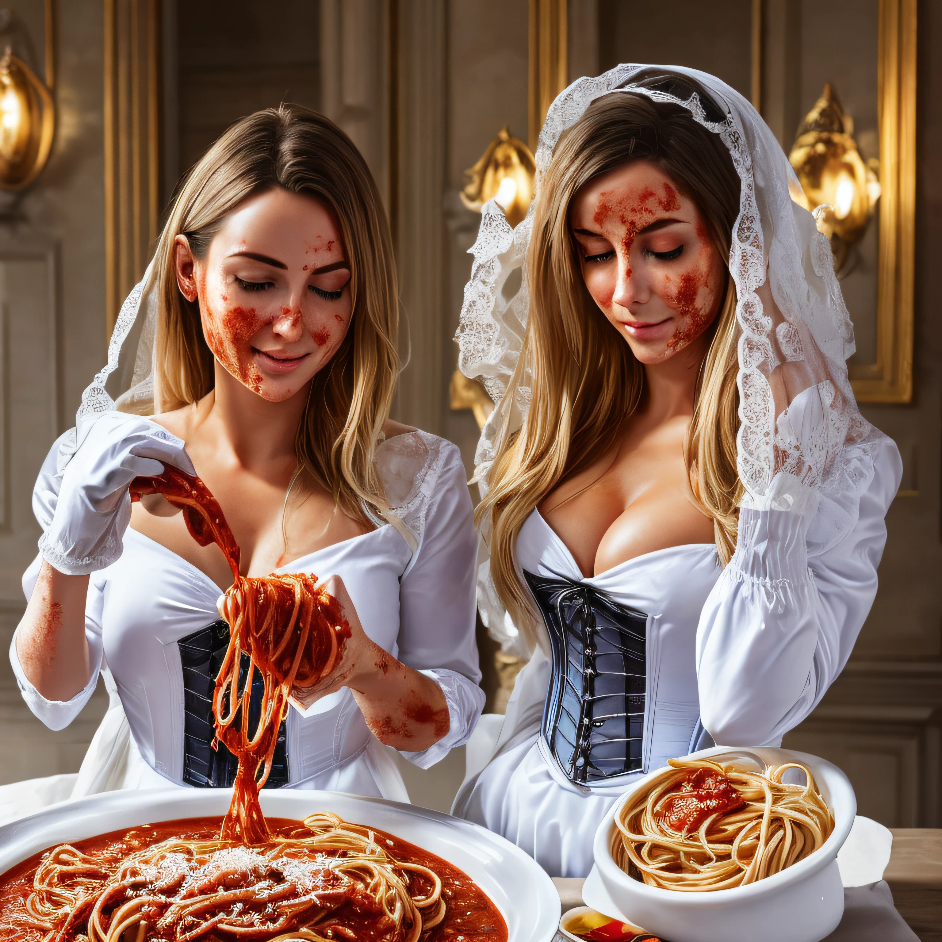 Hyperrealistische Fotografie, 2 women are smeared with tomato sauce in the bathroom Tomato sauce is spread over the bodies and hair. Essensschlacht, Tomatensauce im Gesicht, the faces are smeared with tomato sauce, 30-year-old women smeared with tomato sauce, Lena Meyer Landrut, long white gloves satin smeared with tomato sauce, short white ball gown white smeared with tomato sauce, with Swarovski jewelry covered with spaghetti and tomato sauce, Perlenkette mit Spaghetti und Tomatensauce bestrichen, Underbust corset white lubricated with spaghetti and tomato sauce, ruffles, spitze Pumpen, white high heels, covered with spaghetti and tomato sauce, fishnet tights white lubricated with spaghetti and tomato sauce, the entire body, rotes lockiges Haar mit Spaghetti und Tomatensauce bestrichen, All garments are smeared with spaghetti and tomato sauce, High quality, realistische Beleuchtung, Bildmitte, Sanduhrproportionen, 8K, HDR, BDSM, medium breast size, lange Beine, professionelle Fotografie einer Frau, Natural complexion with lots of spaghetti and tomato sauce, 4K-Texturen, Adobe Lightroom, Fotolabor, HDR, kompliziert, elegant, sehr detailliert, scharfer Fokus, wahnsinnige Details, komplizierte Details, hyperdetailliert, Helles Kinolicht, Außenatmosphäre, Kinn hochgezogen, (exponierter Bauch: 1,8 ), (Fernaufnahme), dominanter Gesichtsausdruck