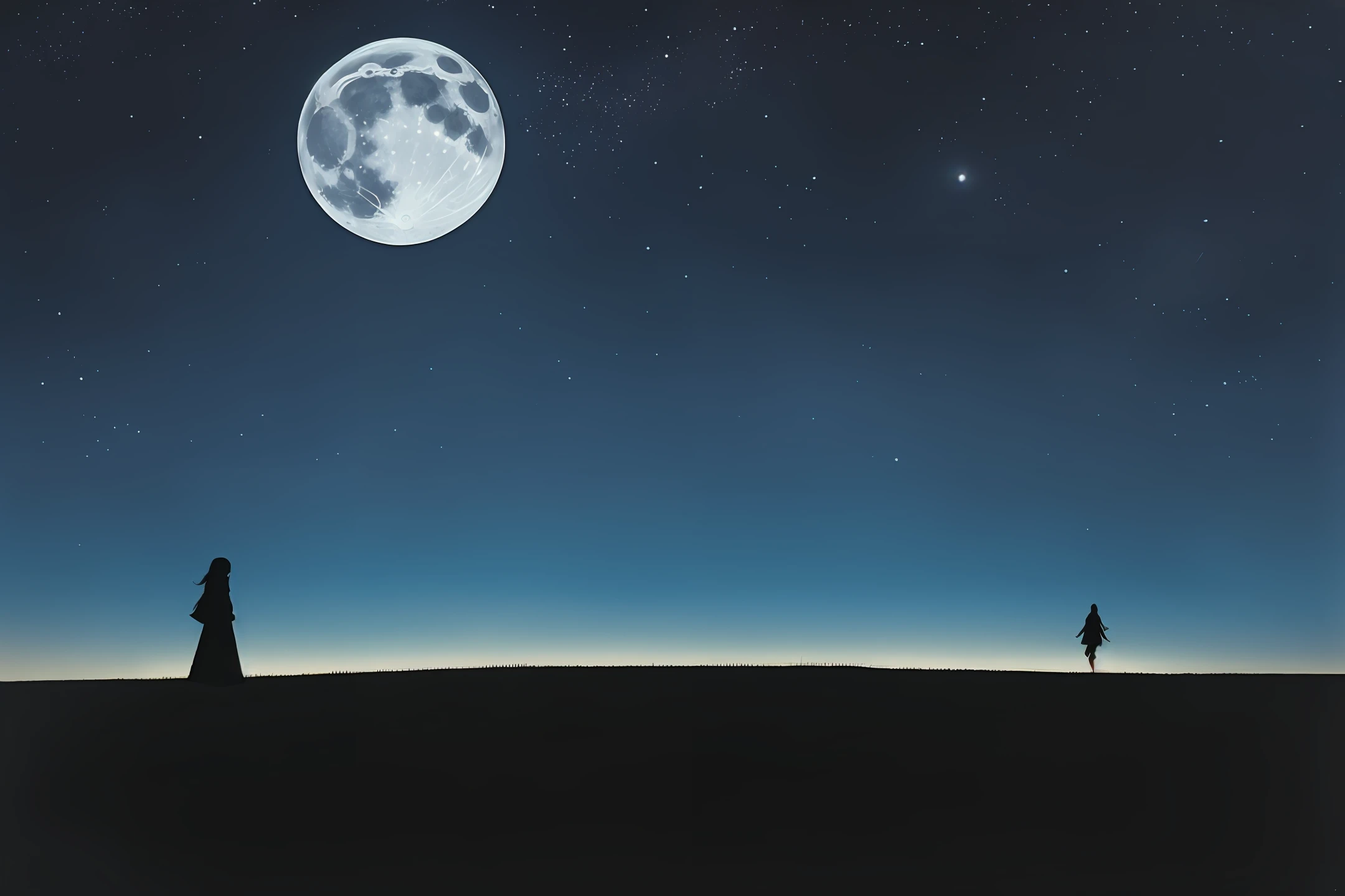 A girl walks on a field ridge on a moonlit night,Black shadow