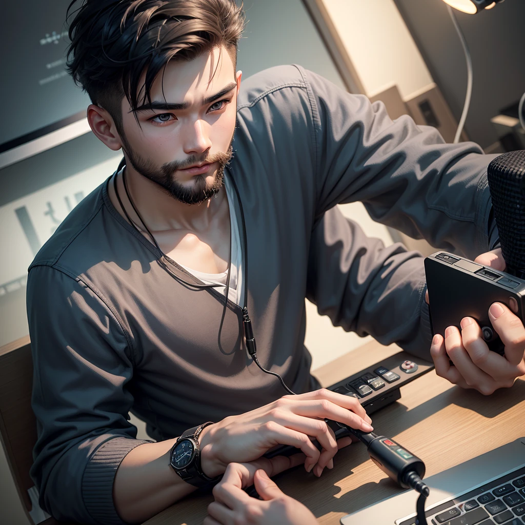 A young man with a Chinese face sits on a computer and broadcasts live，Handsome short beard and slightly bald，holding microphone in hand，Keep spitting out beautiful melodies。Holding an e-cigarette in his right hand，Slowly rise，Light and shadow intertwined --auto