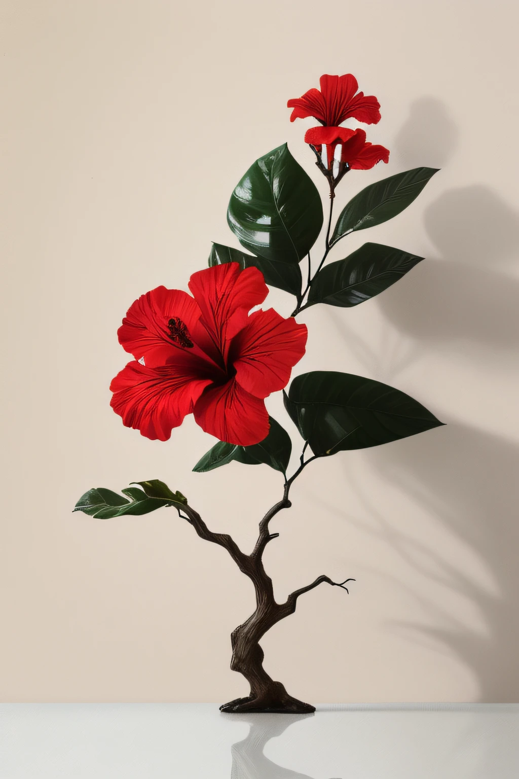 hibiscus flower blooming on a gnarled branch against a grey background, simple background, in the style of light orange and light beige, minimalist images, photography installations, paleocore, green and crimson, hyper-realistic, poetic intimacy