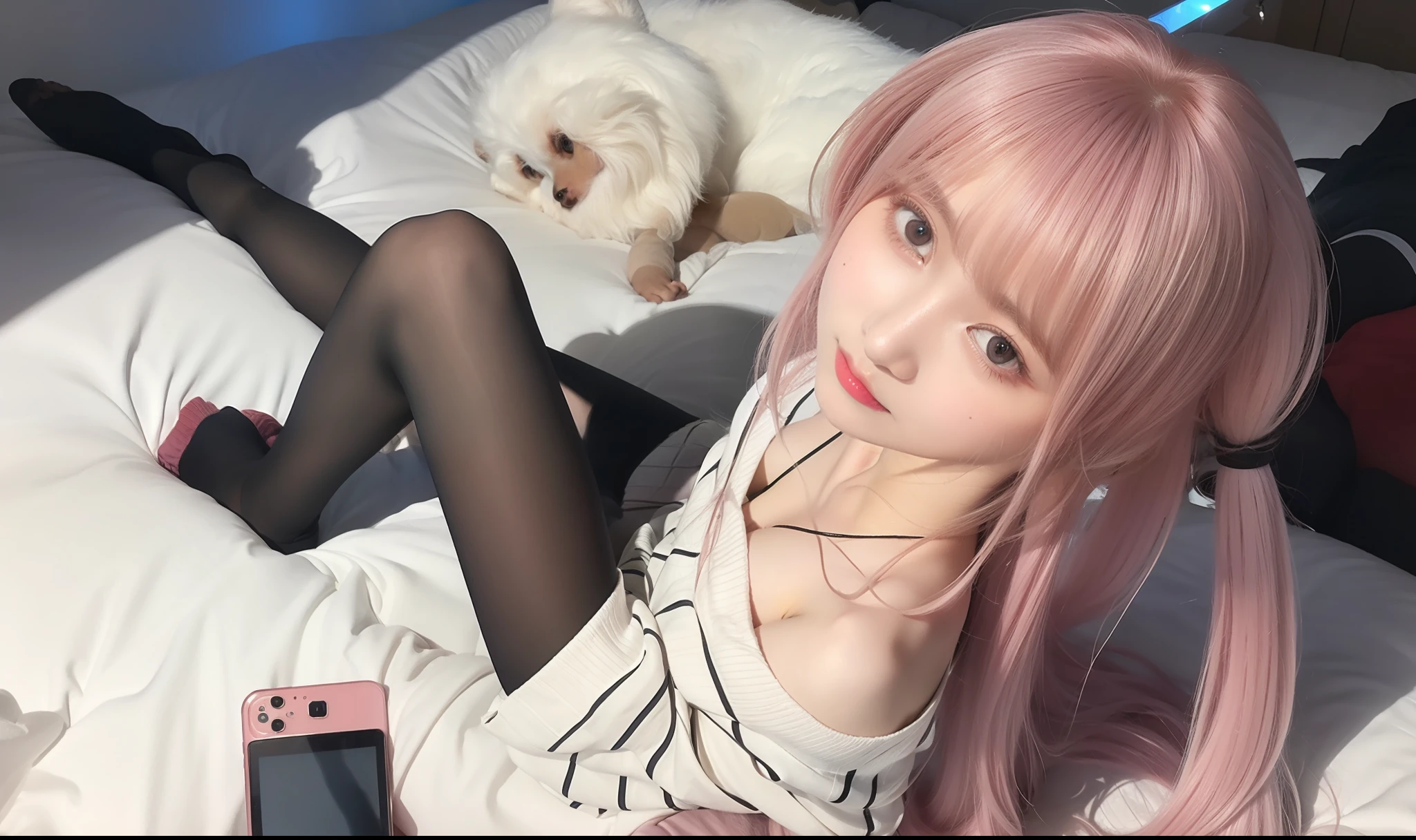 (masterpiece), (best quality), photorealism, realistic, ultra detailed, 8k resolution, (1girl), solo, beautiful, pink twintail hair, blue highlight hair, minato aqua, front light, cinematic light, cold light, cosplay, minato aqua cosplay wearing sweater, vtuber, indoor, bedroom, lying on bed, thick breast, looking up, view from above, , best propotional body, simetrical face, beautiful eyes