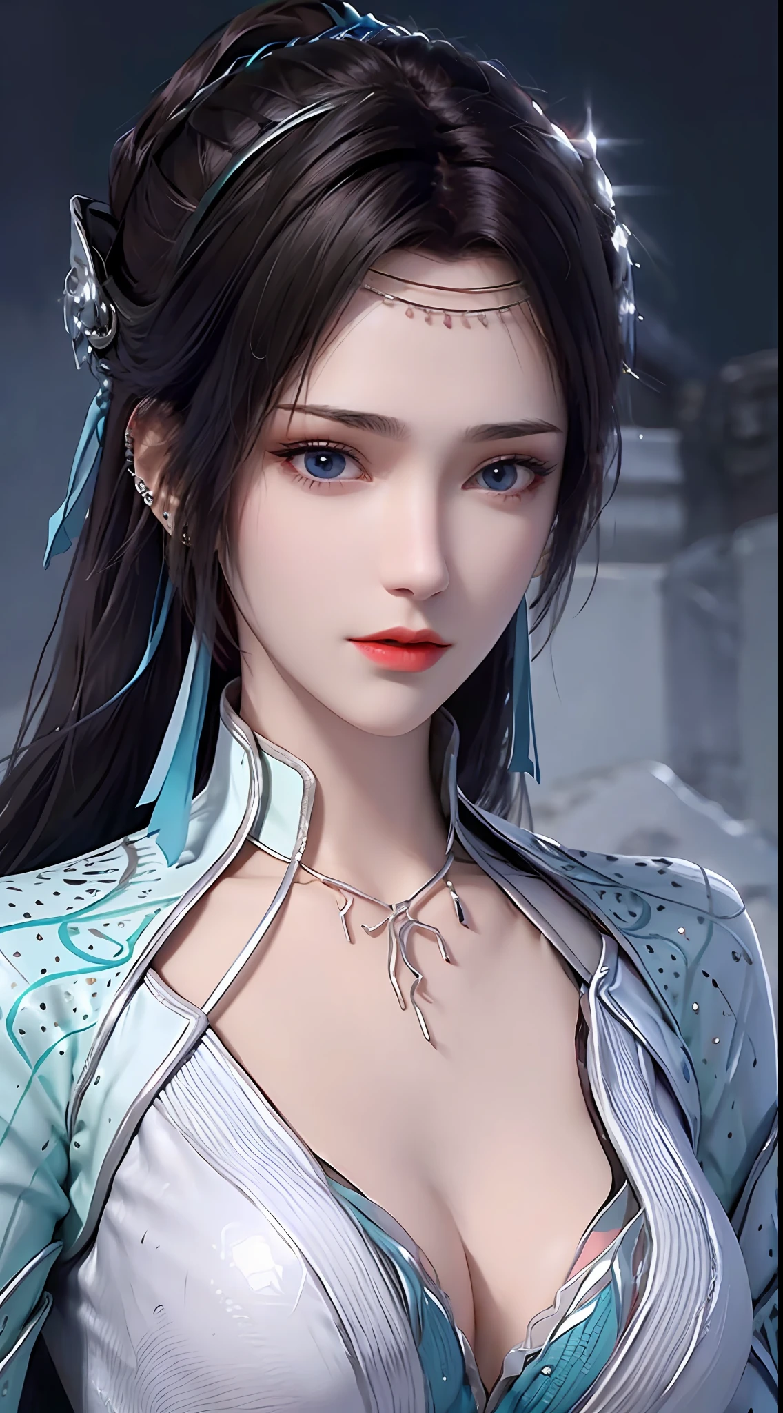 1 charming beautiful girl in hanfu dress, blue thin silk top with white patterns, white lace trim, purple-black long ponytail, hair jewelry, ear jewelry, necklace and necklace, big blue eyes meticulously drawn, meticulous makeup, thin eyebrows, high nose, pretty red lips, no smile, pursed lips, rosy cheeks, enlarged breasts, huge breasts, well-proportioned breasts, slim waist, mesh stockings blue, loose hands, smooth rosy white skin, chinese hanfu style, fictional art textures, vivid and realistic colors, RAW photos, realistic photos, ultra-high quality 8k surreal photos , (awesome amazing lighting effect: 1.8), 10x pixels, magic effect (background): 1.8), super detailed eyes, girl upper body, girl portrait, girl alone, history hanfu background,