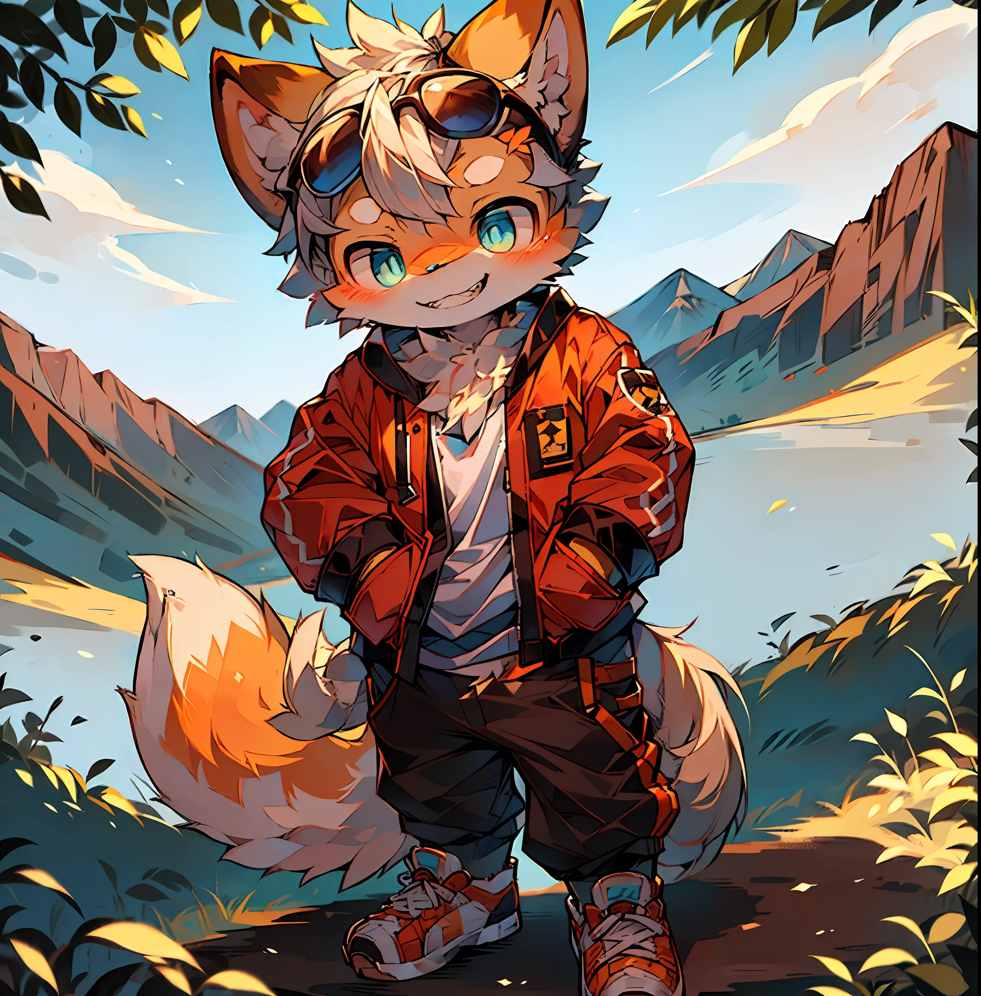 (Yangxing environment:0.8),masterpiece,high quality,abstract res,digital painting\(artwork\), by dagasi, yupa,kiyosan,(anthro,fluffy fur,character focus:1.1),anthro male cat,short hair,portrait , eyes with brightness, in a panoramic view, Character focus.(detailedbackground:0.7), 独奏, Grin，shaggy, shaggy male, malefocus, anthr,(Full Body Furry, Fluffy tail ,Blue pupil，Silver shiny hair，Wear sunglasses，Hair that drifts in the wind，Wears a white coat with kittens printed on it，Black  shorts（There are claw-shaped imprints），Orange with white sneakers，Put your hands in your pockets，scenery：the woods，Flowers，