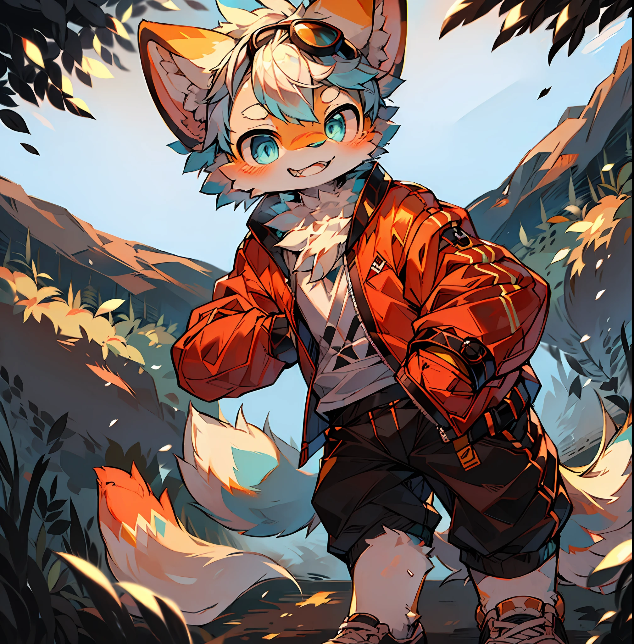 (Yangxing environment:0.8),masterpiece,high quality,abstract res,digital painting\(artwork\), by dagasi, yupa,kiyosan,(anthro,fluffy fur,character focus:1.1),anthro male cat,short hair,portrait , eyes with brightness, in a panoramic view, Character focus.(detailedbackground:0.7), 独奏, Grin，shaggy, shaggy male, malefocus, anthr,(Full Body Furry, Fluffy tail ,Blue pupil，Silver shiny hair，Wear sunglasses，Hair that drifts in the wind，Wears a white coat with kittens printed on it，Black  shorts（There are claw-shaped imprints），Orange with white sneakers，Put your hands in your pockets，scenery：the woods，Flowers，