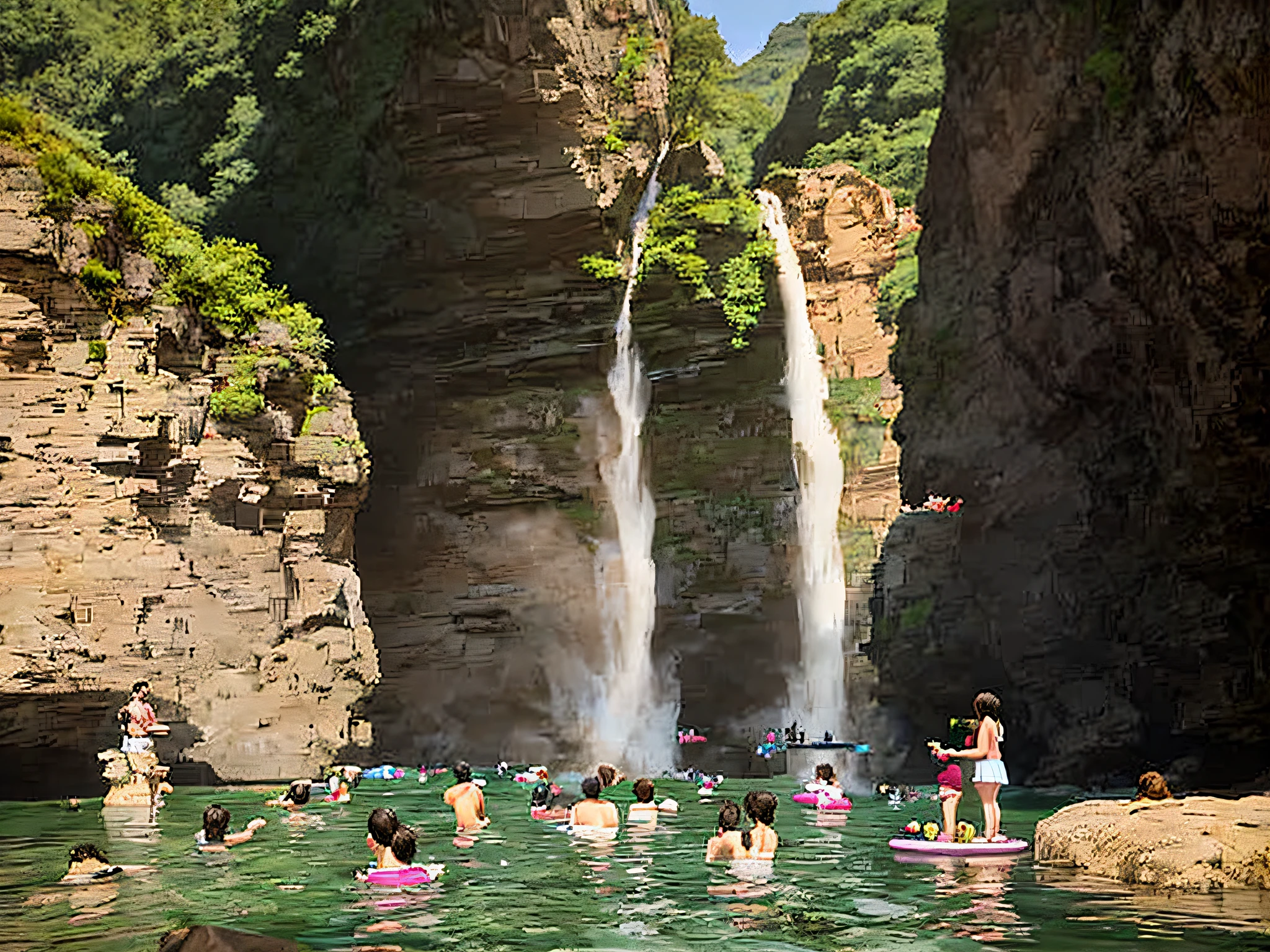 People standing in the water near a rocky cliff, gorge in the mountain, On a sunny day, is playing happily, people swimming, 🤬 🤮 💕 🎀, is playing happily, bad-quality, Summer sunshine, bathing in a waterfall, competition winning, unknown artist, author:Alexander Brooke, crowded and populated, well WEATHER, 😭 🤮 💕 🎀