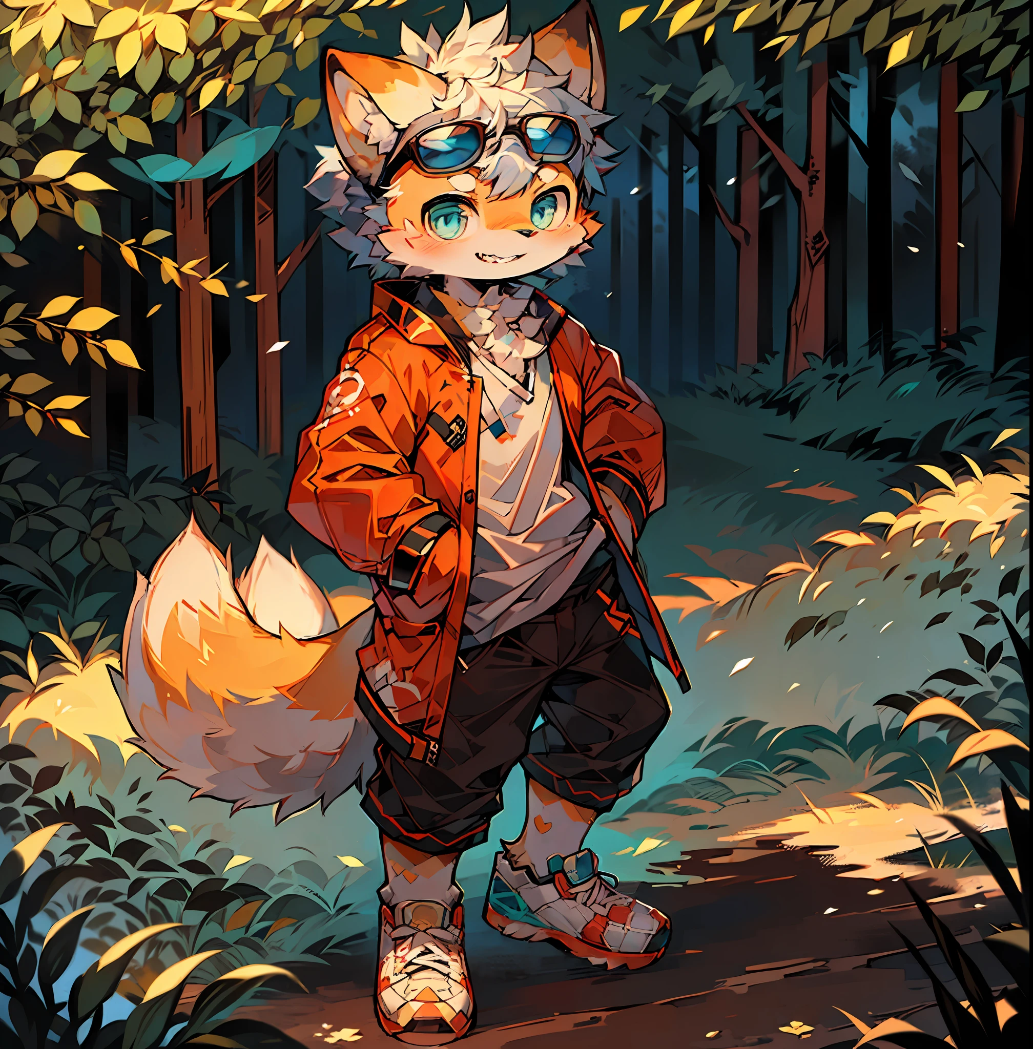 (Yangxing environment:0.8),masterpiece,high quality,abstract res,digital painting\(artwork\), by dagasi, yupa,kiyosan,(anthro,fluffy fur,character focus:1.1),anthro male cat,short hair,portrait , eyes with brightness, in a panoramic view, Character focus.(detailedbackground:0.7), 独奏, Grin，shaggy, shaggy male, malefocus, anthr,(Full Body Furry, Fluffy tail ,Blue pupil，Silver shiny hair，Wear sunglasses，Hair that drifts in the wind，Wears a white coat with kittens printed on it，Black  shorts（There are claw-shaped imprints），Orange with white sneakers，Put your hands in your pockets，scenery：the woods，Flowers，